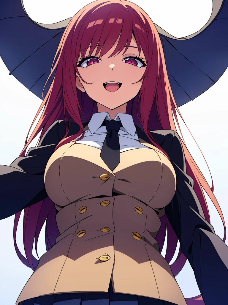 1girl ,solo,20s,mature female,red hair,long hair,fox ears,(white background),shirt,black standard tie,blue blazer,long sleeves, black pleated skirt,(upper body),squinted eyes,:D, tongue out,evil smile,from below