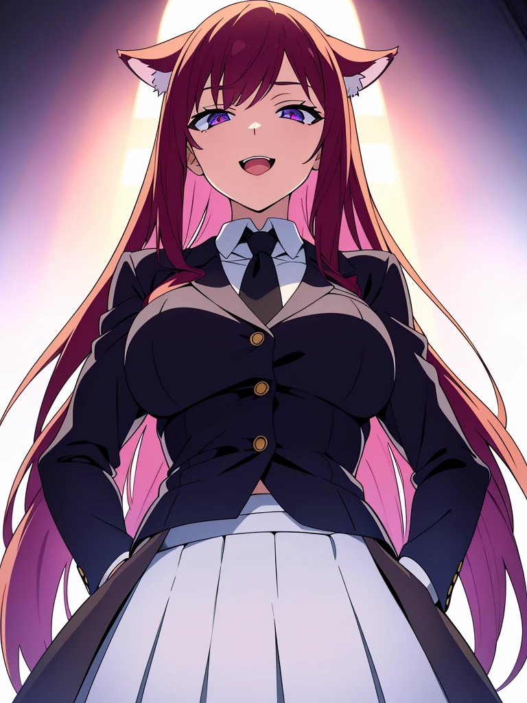 1girl ,solo,20s,mature female,red hair,long hair,fox ears,(white background),shirt,black standard tie,blue blazer,long sleeves, black pleated skirt,(upper body),squinted eyes,:D, tongue out,evil smile,from below