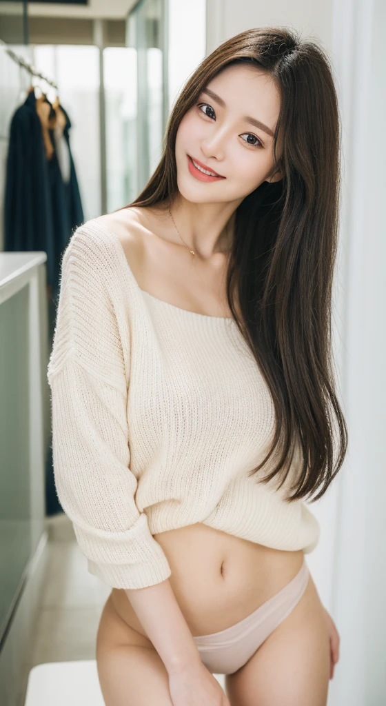 ((of the highest quality, 8K, masutepiece: 1.3)), Beauty, 1 Japan Girl, Big: 1.3, dark brown hair, (Open legs: 1.2), detailed face, very detailed lips, Detailed eyes, Double eyelids, Knit: 1.5, sexy, (wide shot, full body: 1.5), under wear, panty, room
