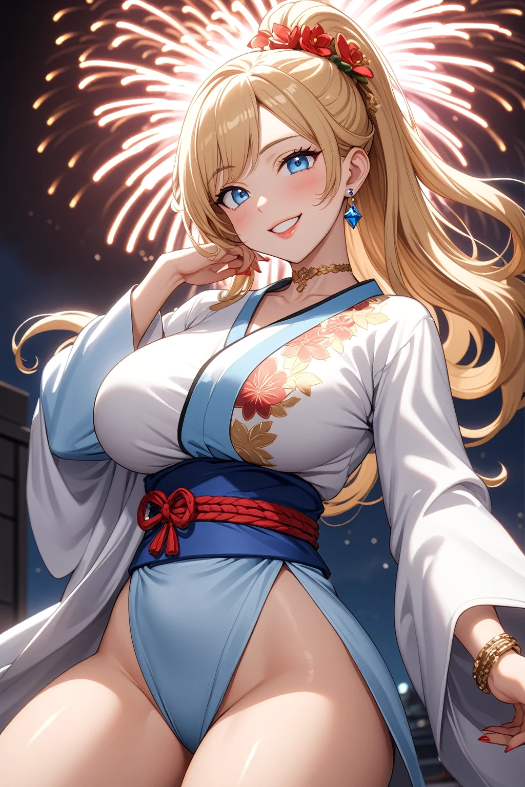 ((One personの女性)), Beautiful Face, (Laughing embarrassedly), (seductive smile:1.4), ((Wink:1.9)), (head tilt:1.3), Laugh with your mouth wide open, upper teeth, looking at viewer, ((Bright red cheeks:1.4)),Glossy Red Lips,rooftop, firework, Glossy red lips, Shining Face, ((Anime style background)),masterpiece, Highest quality, so beautiful,up to date, Complex details, (Pink long nails), (nail art), (ring),(bracelet),(Floral choker),AI-generated, Complex,High resolution, Highest quality, super high quality,3D Images、3D Images,One person,Long blonde hair,High Ponytail, Blonde anime woman posing for a photo,(blue eyes), ((Fine grain、Lightly pigmented blue eyes、Shining Eyes:1.3)), (Squint your eyes:1.1),a hyperRealistic , hyperRealistic , Realistic,Long and blonde anime woman, Smooth anime CG art, A woman in a gorgeous kimono embroidered with gold, (White long sleeve kimono),(Pink large floral pattern) ,Long flower hair ornament,Earrings,Mature Body,(Big Breasts:1.1),Tall,Abdominal muscles,Tight waist,(knee shot:1.2), (dutch angle:1.3),