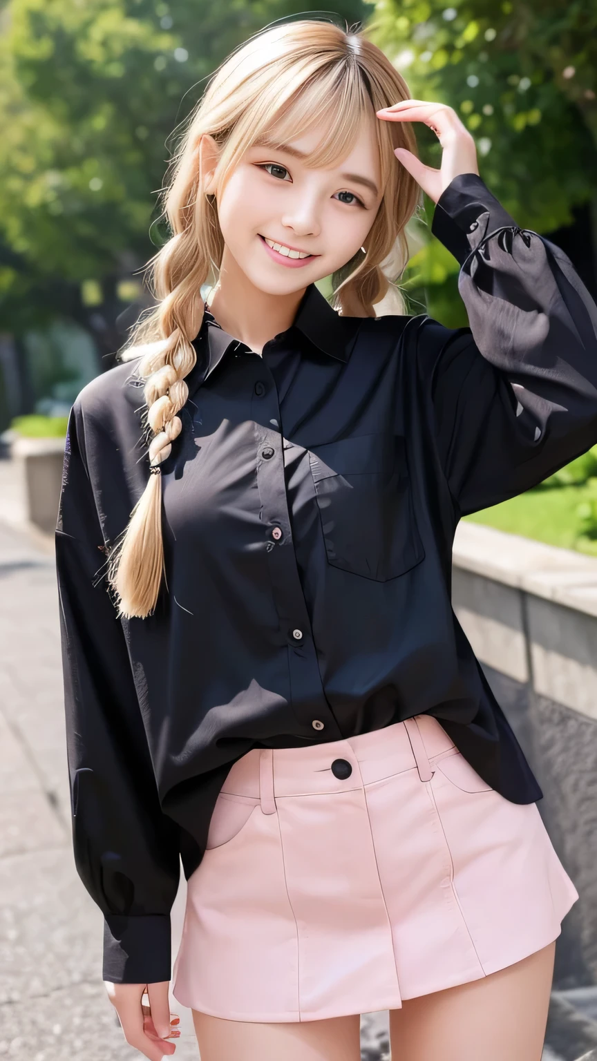 Sexy big , beautiful girl looks sexy and cute & Cute beautiful sexy face, A strong wind blows my hair in front of my face,Beautiful super long metallic blonde french braids。Her long bangs hide her beautiful, cute and sexy eyes.。、Belly button shirt、Very short pink and black checkered miniskirt、Turn around and look at me with a smile、Cute eyes hidden by long bangs、yawn、Double teeth、Reduces the appearance of nasolabial folds、
