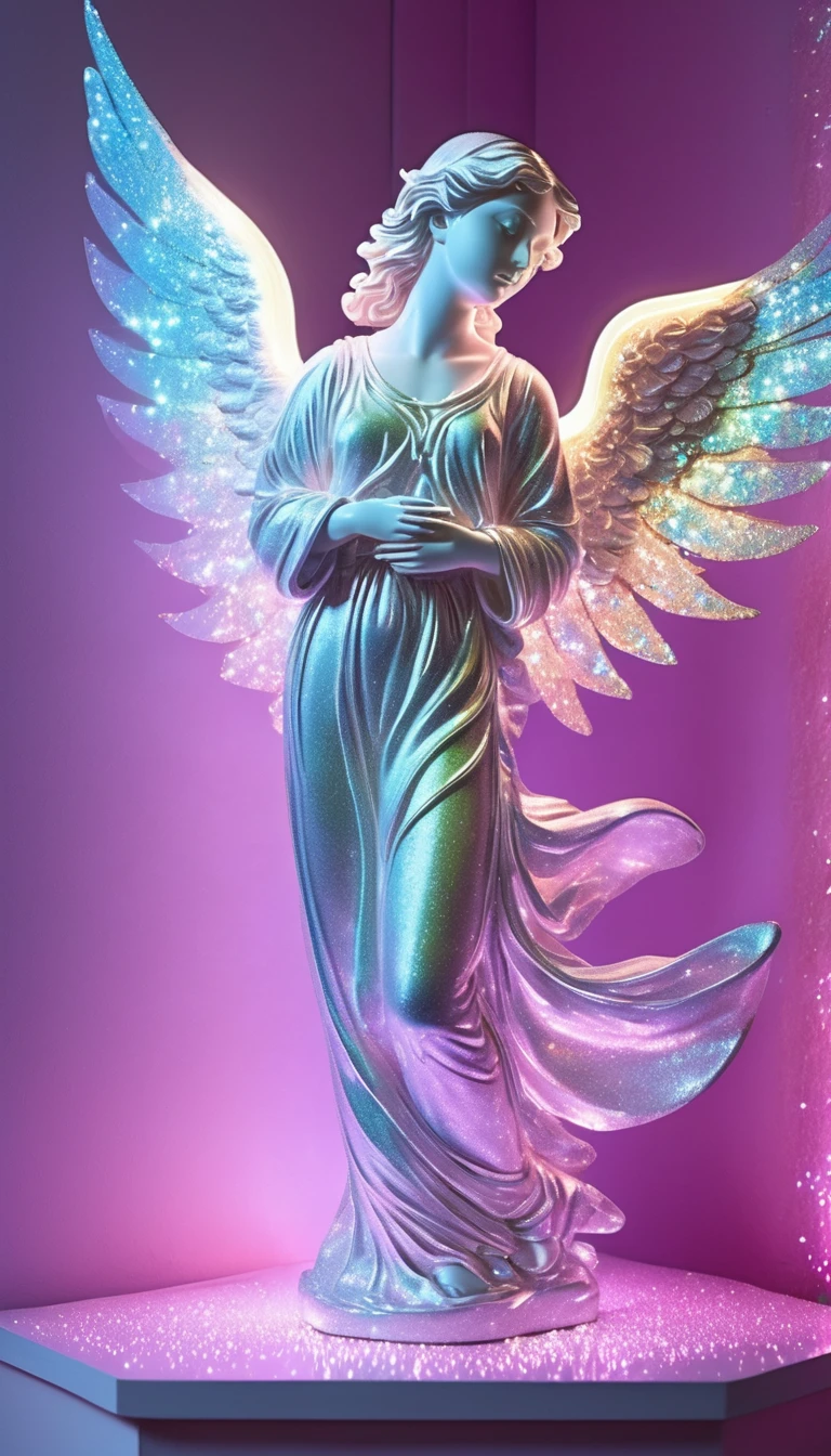 best quality, super fine, 16k, RAW photo, photorealistic, 2.5D, delicate and dynamic depiction, plaster statue of an angel, beautiful, cute, iridescent glitter effect scattered all over, neon light up