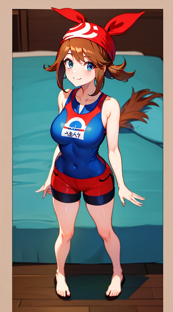 brown hair，blue eyes，short hair，Double tail，red headscarf，Red race swimsuit，Xiaoyao【Pokémon】blush，Smile，big breasts，Denim shorts，bedroom background, standing, idle, full body