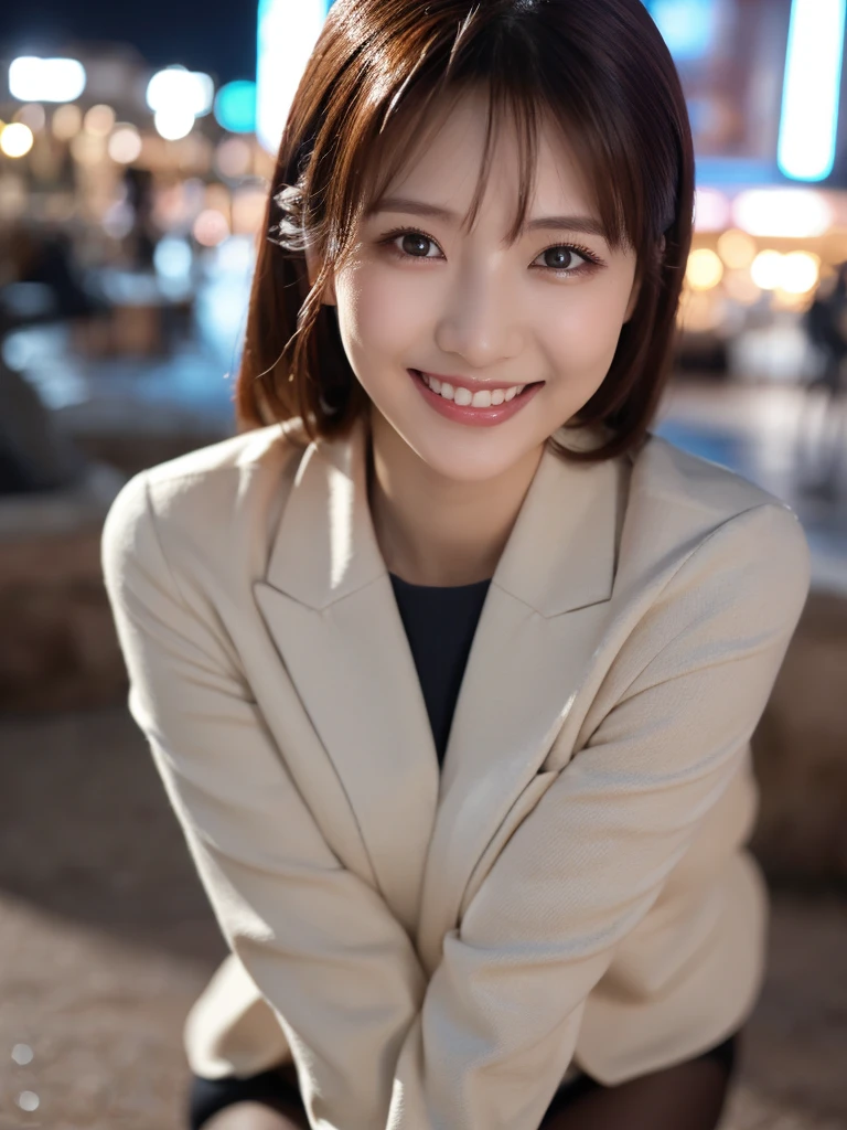 8k, (Raw photo:1.2), (Photorealsitic), Beautiful detailed, beautiful Japanese women、 (Real: 1.4), extremely detailed eye and face, beatiful detailed eyes, ((Dazzling night illumination plaza:1.2)), ((Women's Suits:1.3, Ultra-realistic pantyhose:1.2))、selfee、Instagram、harsh trial、huge filesize, hight resolution, ighly detailed, top-quality, [​masterpiece:1.6], illustratio, ighly detailed, nsfw, finely detail, top-quality, 8k wallpaper, Cinematographic lighting, 1 milf, 19 year old, perfect body, Beautiful big drooping eyes, ((masutepiece)), Best Quality, eye shadow,  high-heels、Portrait、(Very affectionate smile:1.2)、realistic skin textures、shinny skin、Exposed thighs, low angle photo, full body shot,