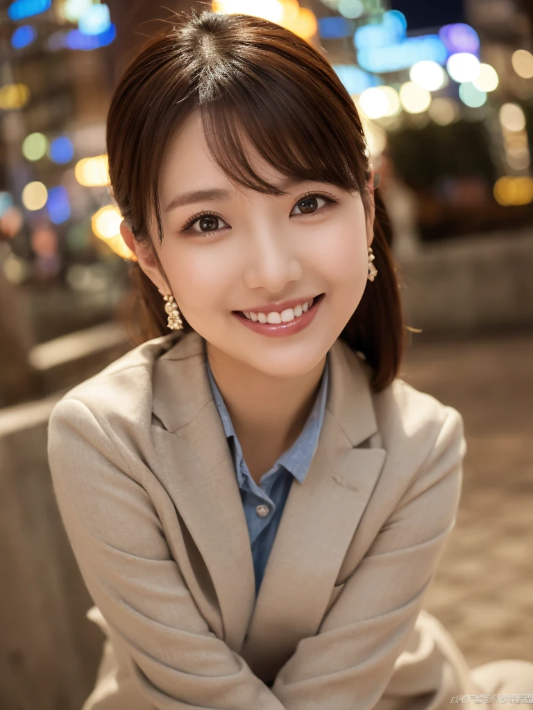 1 girl, Tie your hair、office lady、On the way to work、Shibuya Snaps, Tokyo、(Wear a classy dark blue suit、White shirt underneath、Photo from the waist up、Small silver earrings、Small silver necklace:1.2), (RAW Photos, highest qualそれy), (Realistic, Realistic:1.4), Tabletop, Very delicate and beautiful, Very detailed, 2k wallpaper, wonderful, finely, Very detailed CG Unそれy 8K 壁紙, Very detailed, High resolution, Soft Light, Beautiful detailed girl, Very detailed目と顔, Beautiful and sophisticated nose, finelyて美しい目, Cinema Lighting, Perfect Anatomy, Slender body, Was nervous, 
Straight semi-long hair, bangs, Looking at the audience, smile.Medium chest.