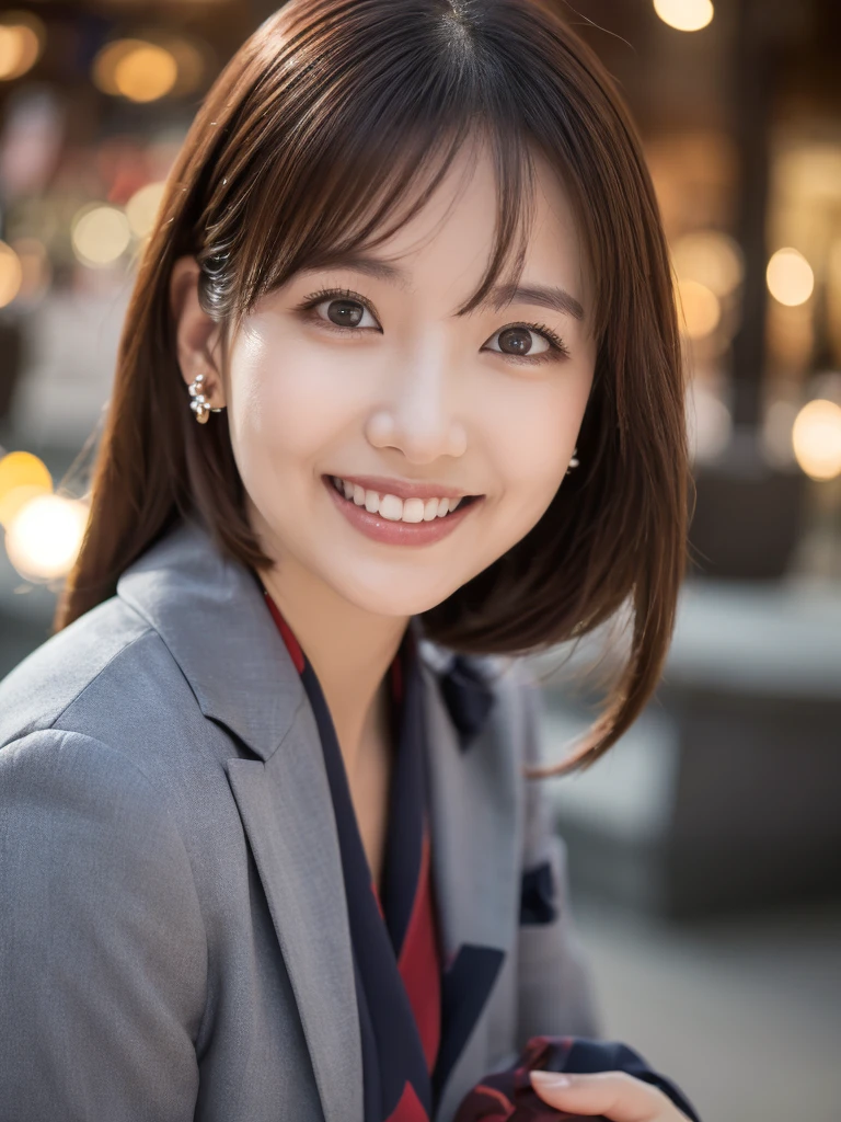 8k, (Raw photo:1.2), (Photorealsitic), Beautiful detailed, beautiful Japanese women、 (Real: 1.4), extremely detailed eye and face, beatiful detailed eyes, ((Dazzling night illumination plaza:1.2)), ((Women's Suits:1.3, Ultra-realistic pantyhose:1.2))、selfee、Instagram、harsh trial、huge filesize, hight resolution, ighly detailed, top-quality, [​masterpiece:1.6], illustratio, ighly detailed, nsfw, finely detail, top-quality, 8k wallpaper, Cinematographic lighting, 1 milf, 19 year old, perfect body, Beautiful big drooping eyes, ((masutepiece)), Best Quality, eye shadow,  high-heels、Portrait、(Very affectionate smile:1.2)、realistic skin textures、shinny skin、Exposed thighs, low angle photo, full body shot,