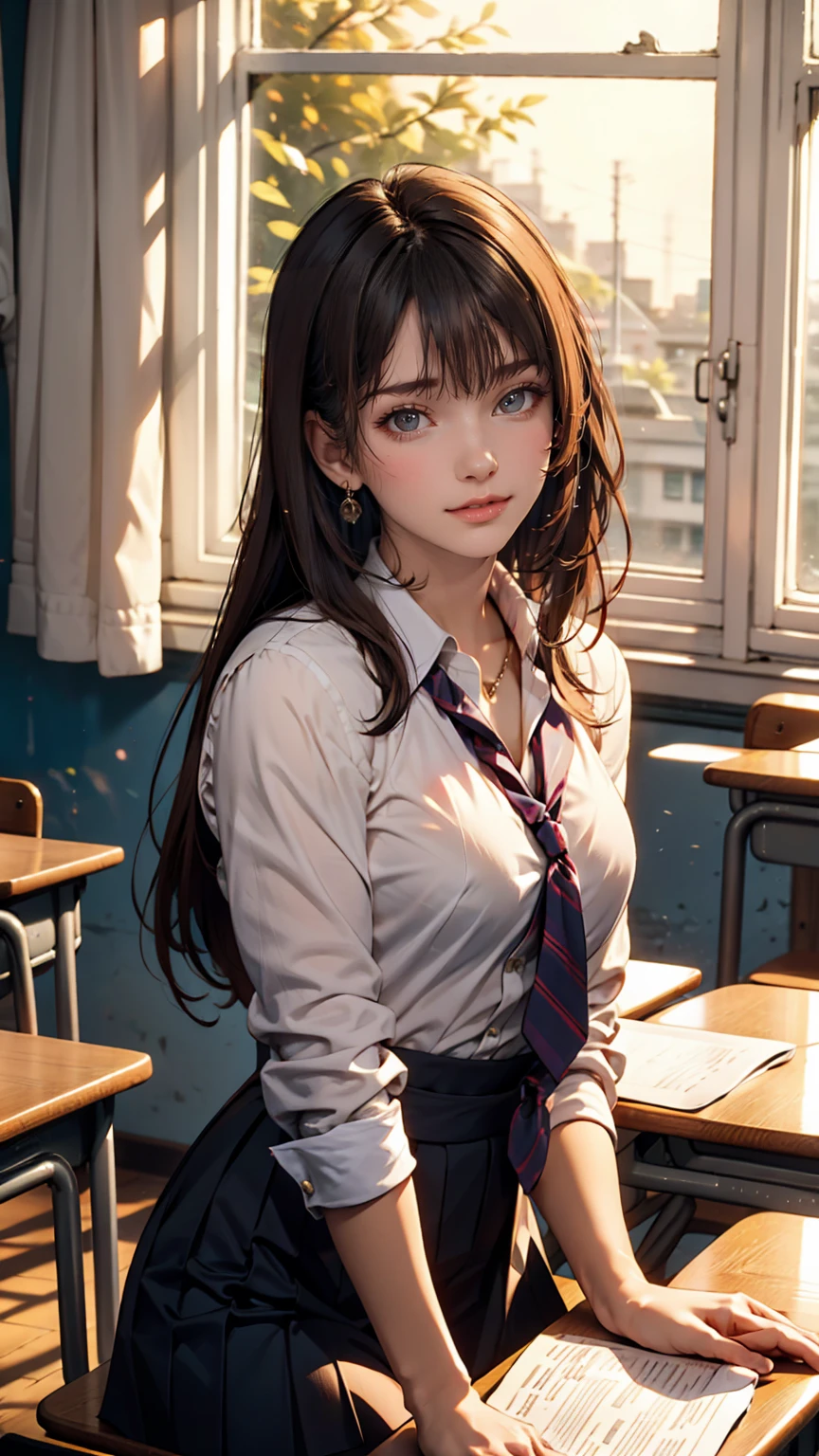 masterpiece, Highest quality, One girl, alone, Teen, high school student、Japanese, Brown Hair, Long Hair, Purple eyes, Side-parted bangs, Short bangs, smile, Medium chest, Classroom after school、Sunset shining through the window、Only one person、I&#39;m sitting by the window、Looking out the window、Vision、Sailor suit、Neat and serious