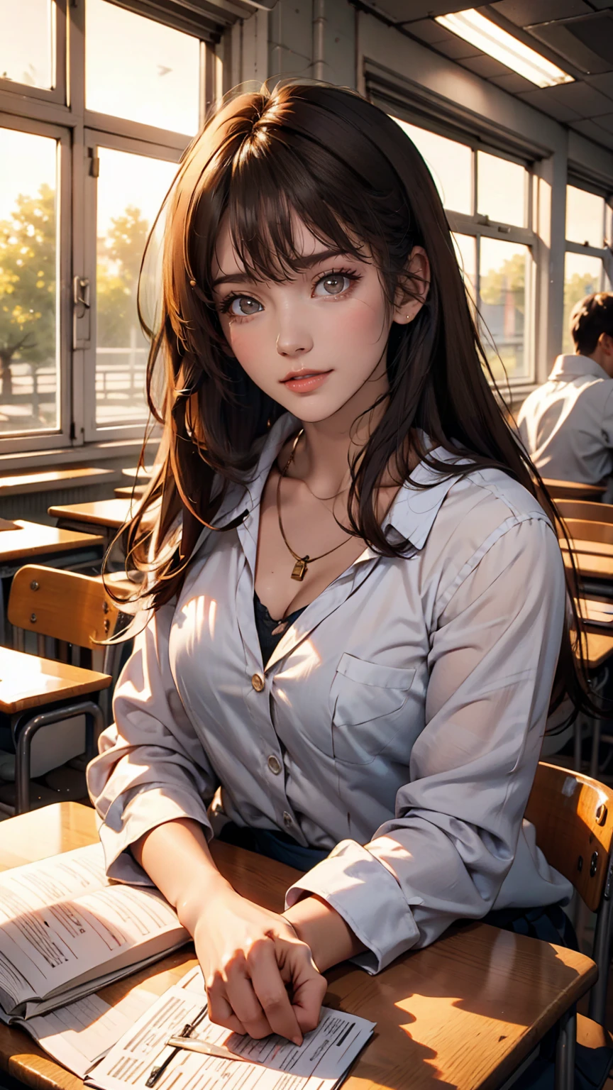 masterpiece, Highest quality, One girl, alone, , high schoanese, Brown Hair, Long Hair, Purple eyes, Side-parted bangs, Short bangs, smile, Medium chest, Classroom after school、Sunset shining through the window、Only one person、I'm sitting by the window、Looking out the window、Vision、Sailor suit、Neat and serious