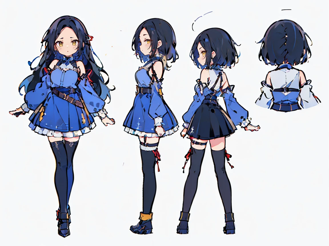 (((three-sided view, front view, side view, back view, multiple views, multiple poses and expressions, many parts)), concept art, character concept art, character sheet, Full body, illustration, (simple background, gray background), 1 character, 1girl, fantasy art:1.1), (hui xiyi:0.7), rekkyo sensen, rekkyou sensen, girls with((black hair, bangs, (one side up, long wavy hair, ribbon:1.55), perfect hands, perfect fingers, (exposed breasts, tits cleavage, breasts close up:1.2), dress((suspenders, dress, belt, nun:1.15), (blue clothes, frills shirt, no sleeves, sleeveless, frills dress, frills skirt, wind blowing dress, long sleeves, white legwear, thighhighs, single thighhighs, single legwear, black footwear, strap shoes:1.42))