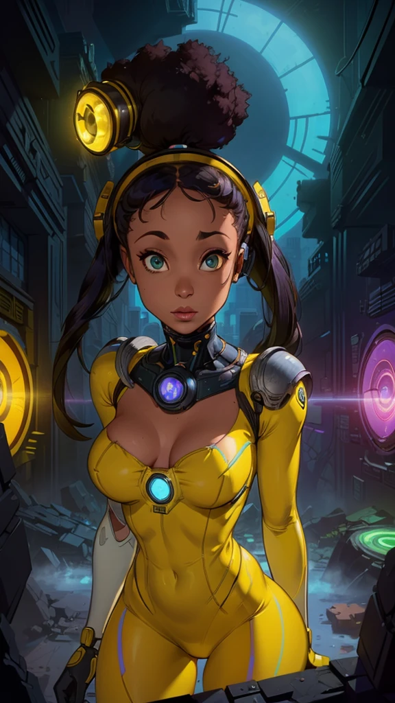 (The best quality,A high resolution,Ultra - detailed,actual),Ariana Grande with headphones on and a (yellow outfit:1.4) , (afrofuturism style:1.4) , afrofuturism, rossdraws | afrofuturism, Beeple. hyperrealism, (style hybrid mix of Beeple:1.4) , cinematic Beeple, realism | Beeple, afrofuturistic, Beeple daily art, cyberpunk art ultrarealistic 8k, cyberpunk vibrant colors,( Ariana Grande :1.4), (cinematic lighting :1.4), (perfect anatomy :1.4), ,(Fondo de ruinas de mazmorra en ruinas cyberpunk :1.4 ), (pose dinámica vaquero), (face detailed Ariana Grande :1.4), (cyborg yellow mecánica transparente :1.4),( no mutaciones),( ojos hermosos detailed :1.4), ,(Fondo de ruinas de mazmorra en ruinas:1.4 )