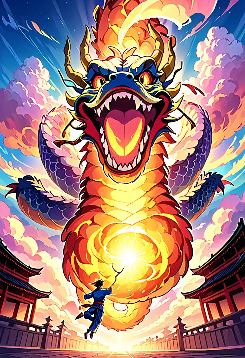 Great magic, a majestic Chinese dragon dancing in the sky with its mouth open and its eyes shining. In high resolution, you can see buildings below and colorful clouds behind them. Exquisite details in a fantasy art style with soft light and a majestic atmosphere. Perspective rational composition shows a full body shot of an anime or style manga dragon.