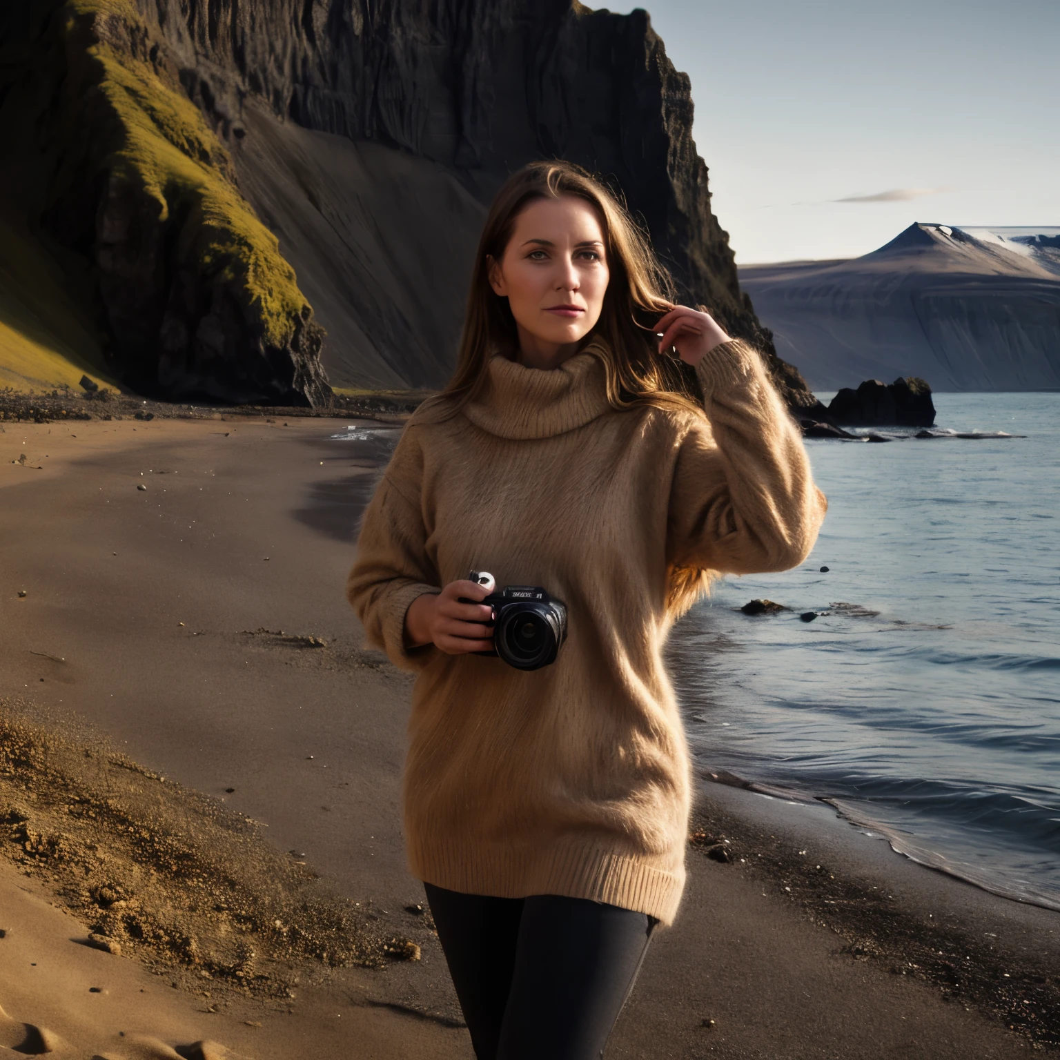 November - Arctic Exploration in Iceland
A woman named LaGermania posing for a chic calendar photoshoot in Iceland during November. She stands on a black sand beach with basalt columns and crashing waves, dressed in a cozy Icelandic wool sweater and waterproof boots. In her hands, she holds a camera with a telephoto lens, capturing the dramatic coastal scenery and volcanic formations. The scene embodies the raw beauty and stark contrasts of Iceland's Arctic landscapes, highlighting her passion for photography and adventure.