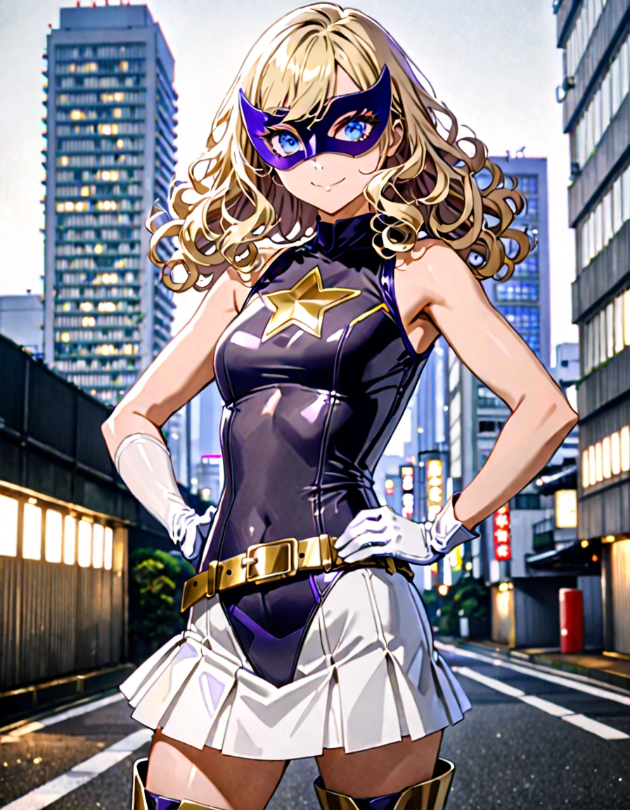 One girl, Medium chest, ((leotard, white and red leotard, No sleeve, barefoot)), ((Tight belt, Gold Belt)), ((boots, matching boots, ankle boots, white boots)), ((gloves, white gloves)), Urban Background, tokyo Urban Background, alone, single, Hands on hips, Are standing, ((Full Body Shot)), Cowboy Shot, Superhero, ((Beautiful attention to detail)), (Gold star symbol on chest), (((Purple eye mask))),(Blonde Hair, Medium length curly hair, blue eyes), (Perfect Anatomy), masterpiece, Highest quality