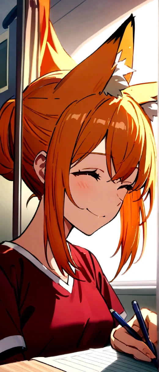 Anime fox girl orange hair, happy, smiling,,hospital, wearing maroon scrubs, half body portrait, writing something, UHD, ultra detailed