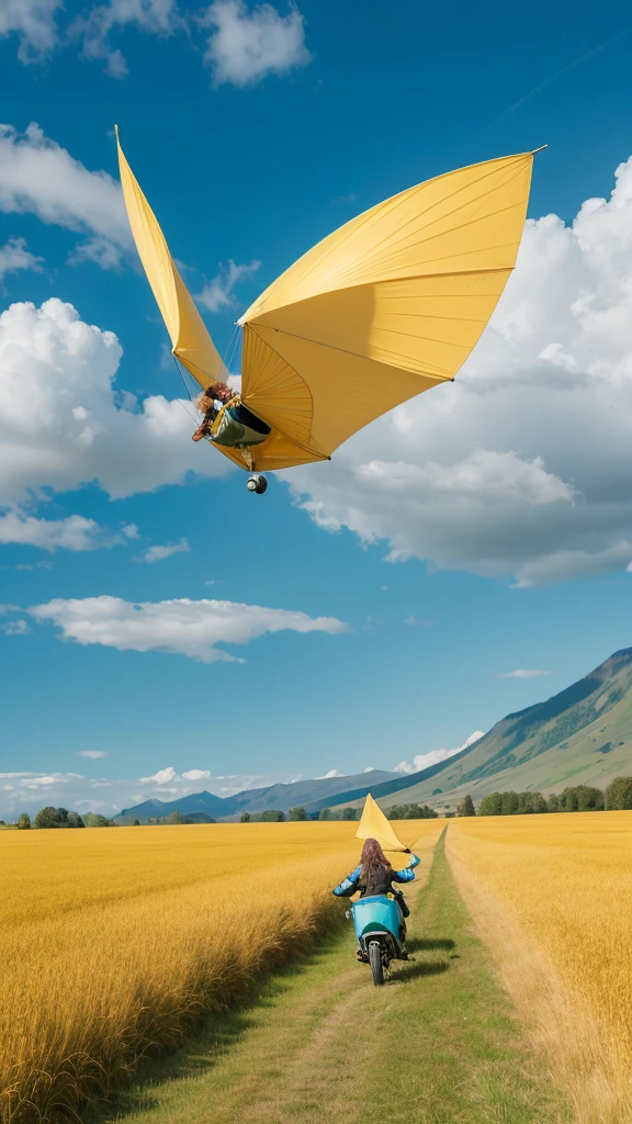 Create a serene and beautiful scene of Nausicaä flying on her glider over the golden fields of the Valley of the Wind. The landscape should be lush with golden grasses swaying in the wind, with a clear blue sky and soft, fluffy clouds. Nausicaä should look joyful and free, with her hair and clothing flowing in the breeze.