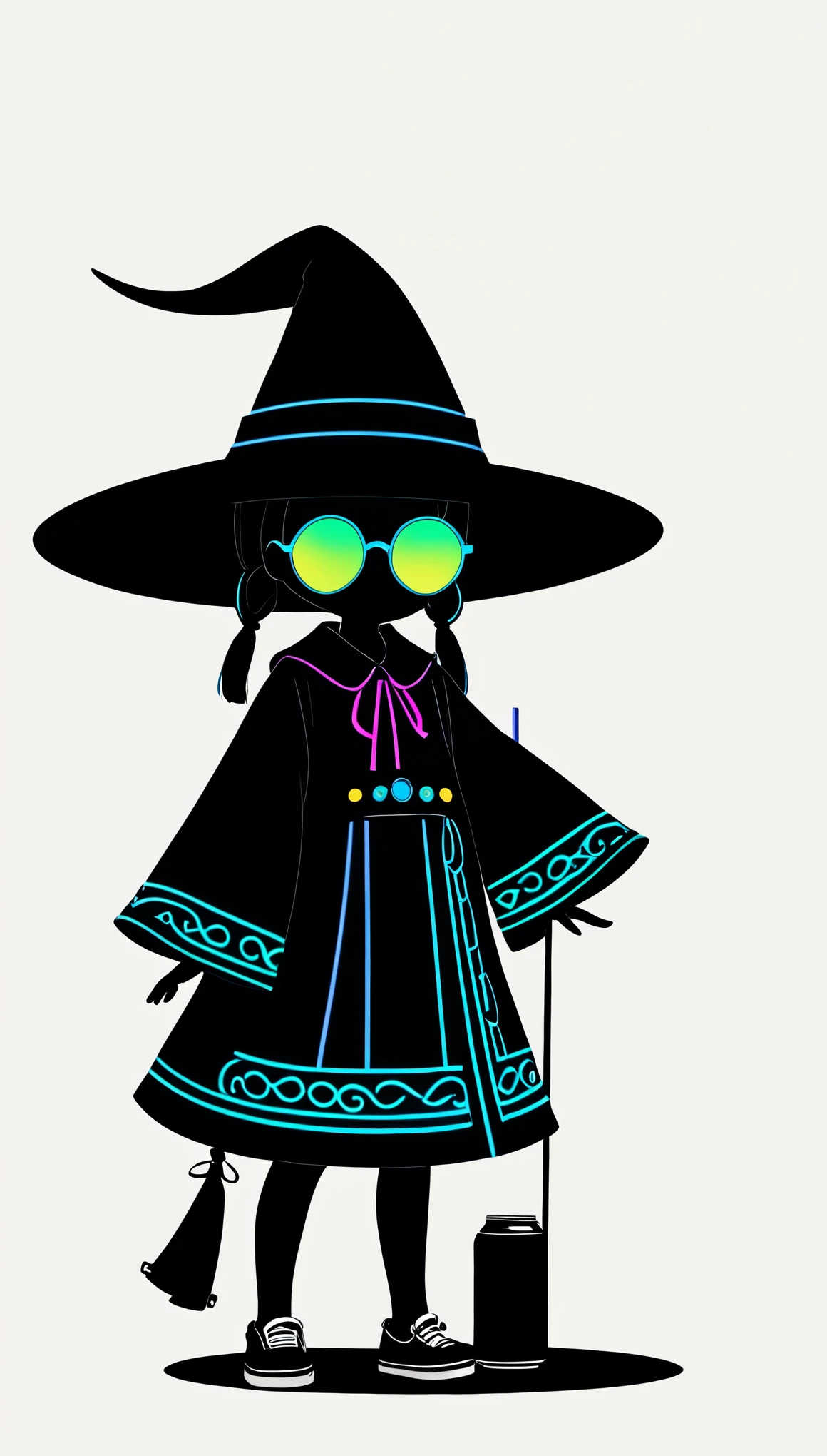 Liu Ye style，1 little girl，Lolita figure，Loose hip-hop clothing，Giant wide-brimmed wizard hat，Silhouette，(((Neon round sunglasses)))，Can't see the eyes，大面积blank，Minimalist composition，blank，White background，Chinese ink style，