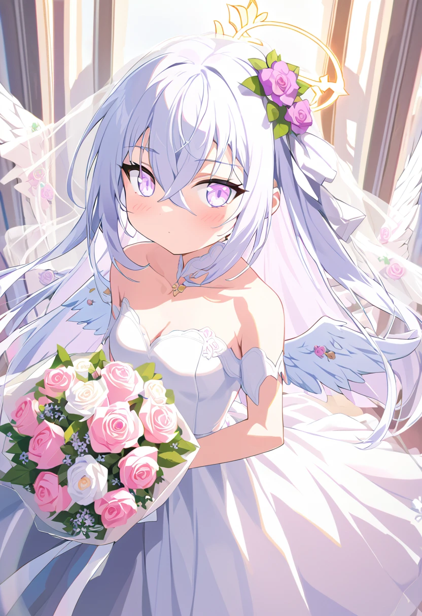 azusa \(blue archive\),AddXL, 1girl 1other alternate_costume angel_wings bare_shoulders blush bouquet breasts bridal_veil bride cleavage closed_mouth collarbone dress feathered_wings flower hair_between_eyes halo holding holding_bouquet jewelry long_hair looking_at_viewer small_breasts necklace out_of_frame pink_flower pink_rose pov pov_hands purple_eyes rose solo_focus strapless strapless_dress veil very_long_hair wedding_dress white_dress white_flower white_hair white_rose white_wings wings