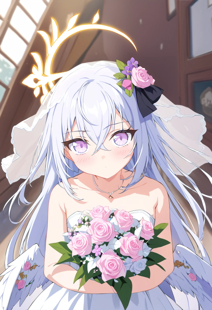 azusa \(blue archive\),AddXL, 1girl 1other alternate_costume angel_wings bare_shoulders blush bouquet breasts bridal_veil bride cleavage closed_mouth collarbone dress feathered_wings flower hair_between_eyes halo holding holding_bouquet jewelry long_hair looking_at_viewer small_breasts necklace out_of_frame pink_flower pink_rose pov pov_hands purple_eyes rose solo_focus strapless strapless_dress veil very_long_hair wedding_dress white_dress white_flower white_hair white_rose white_wings wings
