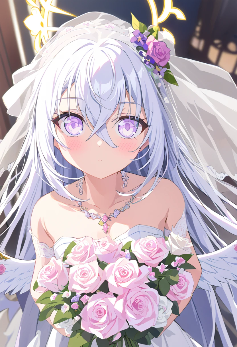 azusa \(blue archive\),AddXL, 1girl 1other alternate_costume angel_wings bare_shoulders blush bouquet breasts bridal_veil bride cleavage closed_mouth collarbone dress feathered_wings flower hair_between_eyes halo holding holding_bouquet jewelry long_hair looking_at_viewer small_breasts necklace out_of_frame pink_flower pink_rose pov pov_hands purple_eyes rose solo_focus strapless strapless_dress veil very_long_hair wedding_dress white_dress white_flower white_hair white_rose white_wings wings