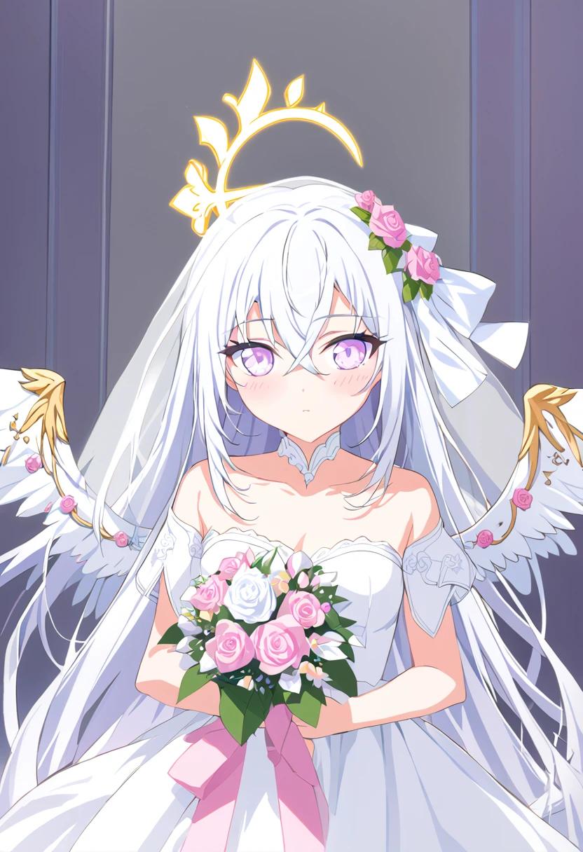 azusa \(blue archive\),AddXL, 1girl 1other alternate_costume angel_wings bare_shoulders blush bouquet breasts bridal_veil bride cleavage closed_mouth collarbone dress feathered_wings flower hair_between_eyes halo holding holding_bouquet jewelry long_hair looking_at_viewer small_breasts necklace out_of_frame pink_flower pink_rose pov pov_hands purple_eyes rose solo_focus strapless strapless_dress veil very_long_hair wedding_dress white_dress white_flower white_hair white_rose white_wings wings