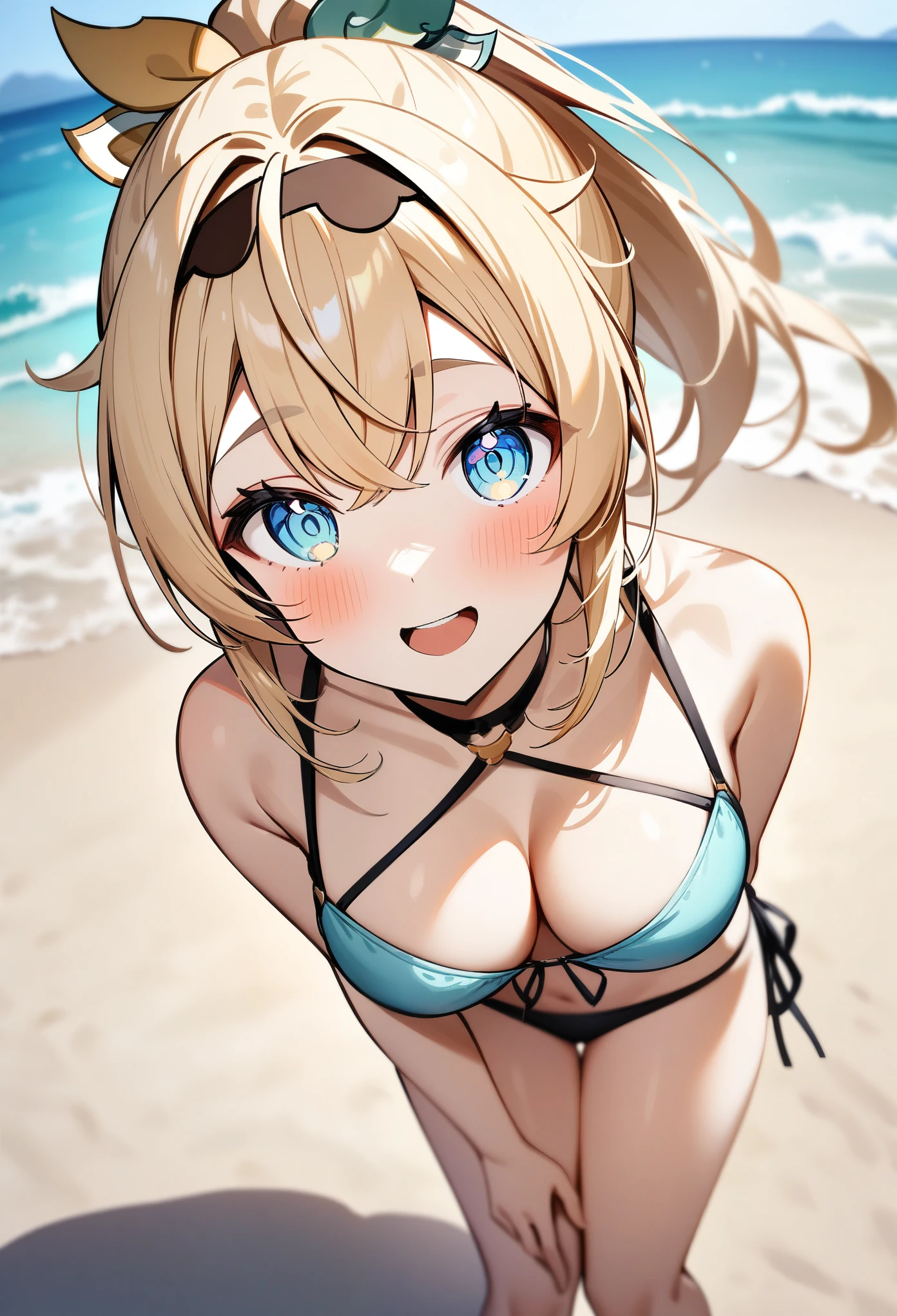 masterpiece, best quality, very aesthetic, absurdres, 1girl, kazama iroha, hololive, looking at viewer, ponytail, blonde hair, bangs, eyebrows, blue eyes, medium breasts, alternate costume, bikini, standing, leaning foward, open mouth, smile, beach