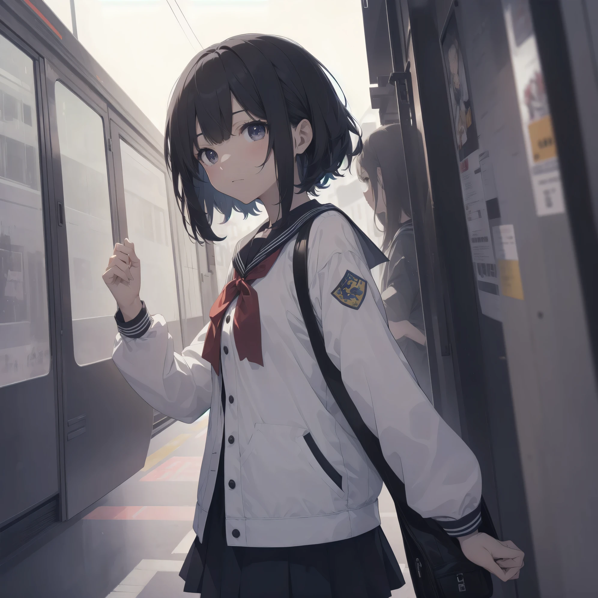 ultra-absurdres-Top quality by artist God, ultra-detailed, high resolution, anime moe artstyle, best anime 8k konachan wallpaper, pixiv contest winner, pool:2810, perfect anatomy,break, 1girl, (Please draw a girl walking sleepily to school alone. )break,(Solo,little female, 13-year-old:1.3),Full limbs, complete fingers,a junior high school student, (very short hair), short cut, flat chest, , small butt, small black eyes, beautiful detailed eyes, well-proportioned iris and pupils, expressive eyes, highres detailed hair, soft expression, salor school_uniform, sailor collar, serahuku, bow, pleated skirt,(Detailed Lighting), (Detailed background), in the School commute route. break,super detailed skin, Best cinematic lighting powered by famous artist, 8k,beauty illustration,photoshop_(medium),very aesthetic,break,((artist:null_(nyanpyoun) )), artist:clamp ,artist:carnelian ,artist:kantoku ,
