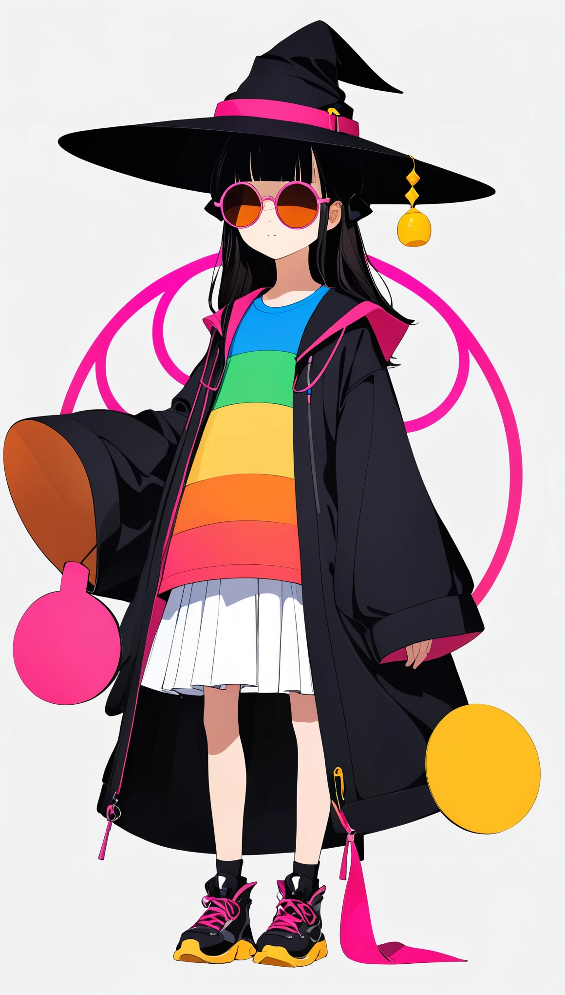 Liu Ye style，1 little girl，Lolita figure，Loose hip-hop clothing，Giant wide-brimmed wizard hat，Silhouette，(((Neon round sunglasses)))，Can't see the eyes，大面积blank，Minimalist composition，blank，White background，Chinese ink style，