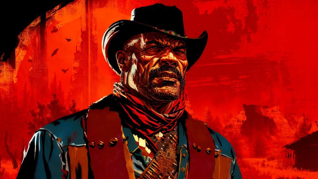a highly detailed digital portrait of TREaVor PHIliPs in the wild west of america, red background, everything is shattering, hyperrealistic, octane render, photorealistic, 8k, intricate details, dramatic lighting, cinematic composition, weathered, dystopian, grungy, moody, intense colors, vivid, masterpiece