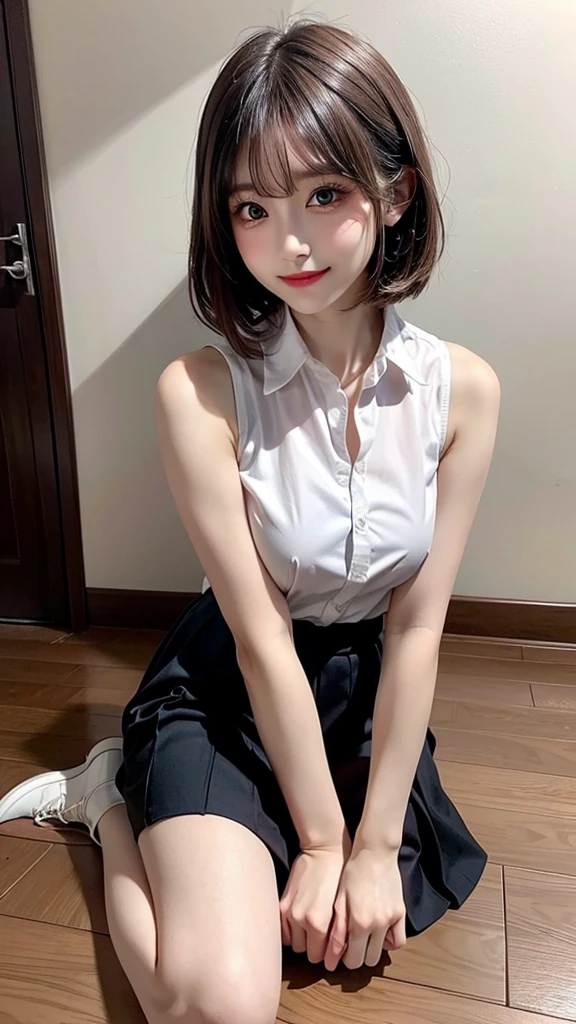 Highest quality、masterpiece、8k、Very detailed、Realistic、Looking at me with a smile、whole body、Black Hair、Short Hair、Small face、Slender、Big Breasts、Thin and beautiful legs、narrow and constricted waist,、Sleeveless shirt with buttons and a collar、Mermaid Skirt、A shirt that accentuates the shape of your body、All buttons on the shirt are closed