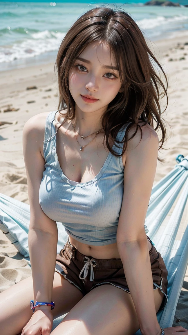 (Masterpiece, BestQuality:1.3), (ultra detailed:1.2), (hyperrealistic:1.3), (RAW photo:1.2),High detail RAW color photo, professional photograph, (Photorealistic:1.4), (realistic:1.4), ,professional lighting, (japanese), beautiful face, (realistic face), cute woman, (Brown Hair, Big Tits:1.5), (cheerful Smile:1.35), Trending Hair&Trending Hairカラーをランダムに, earrings, necklace, bracelet, sexly, erotic sexly, Random sexy gravure poses, (Beautiful woman wearing a white tank top and shorts、In a hammock on the beach、Tempting Gaze、Let your hair down and relax、Pull up your tank top all the way、Baring her breasts。: 1.3)