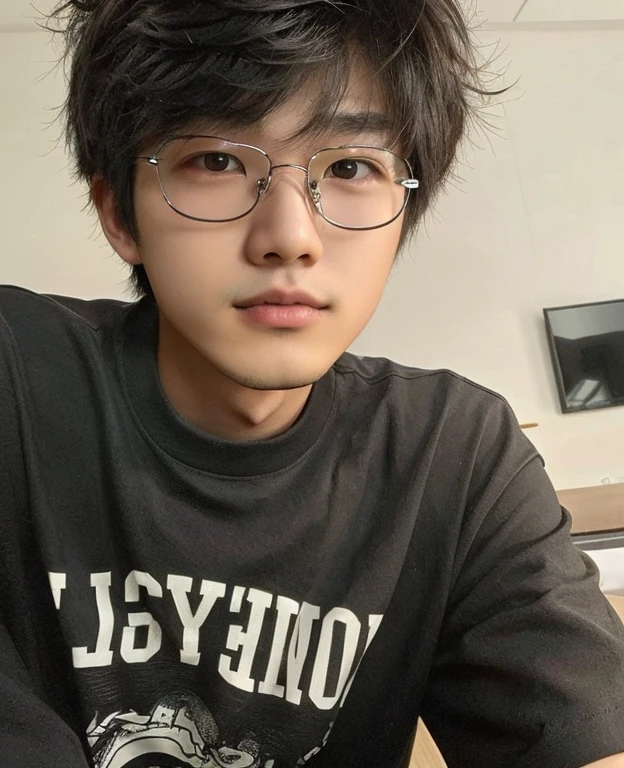 there is a young man with a black shirt sitting at a table, cai xukun, taejune kim, jinyoung shin, hyung tae, kim doyoung, headshot profile picture, jaeyeon nam, hong june hyung, jung jaehyun, male ulzzang, wan adorable Chinese face, antilous chao, yuya nagai, with short hair, hair color is black, black not ugly shaped glasses, is cute, realistic human being who looks like actual person