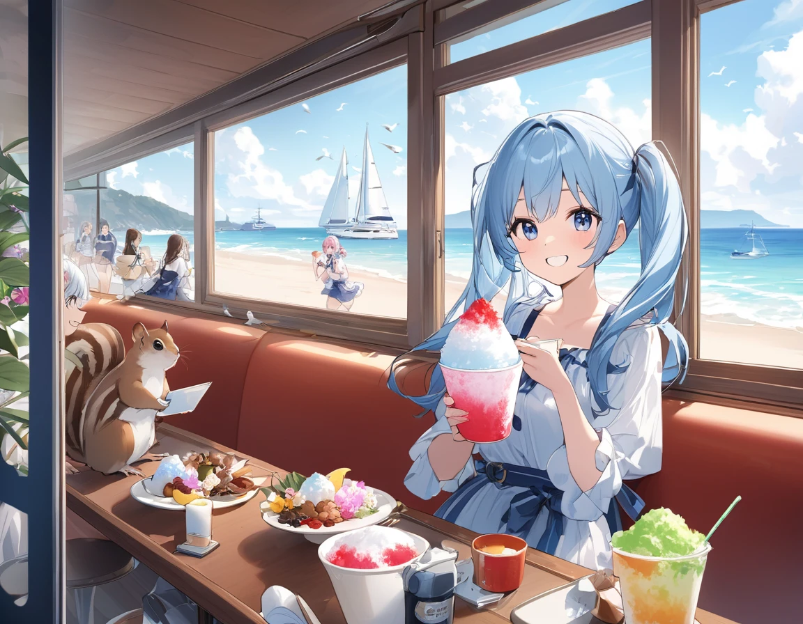 Seaside Cafe、Light blue long hair、Beautiful girl with twin tails、Eating shaved ice with relish、A cafe decorated with lots of orchid flowers、Beautiful girl with a bright smile、A squirrel is watching from the window、Yachts float on the sea and seagulls fly.