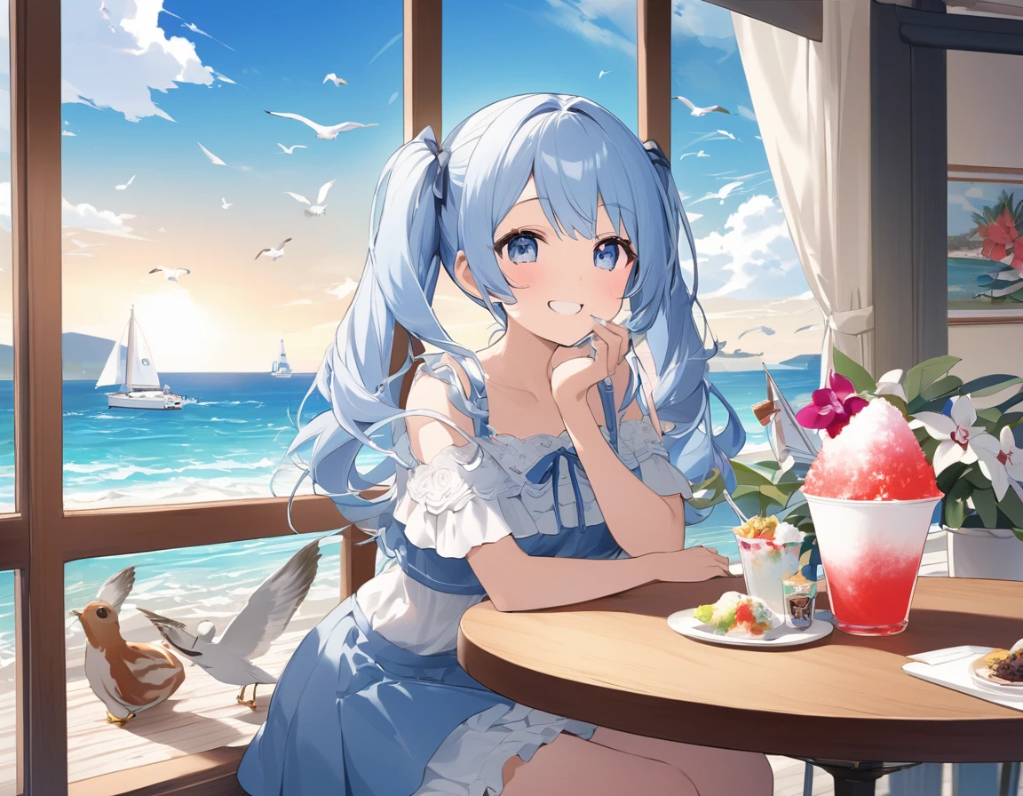 Seaside Cafe、Light blue long hair、Beautiful girl with twin tails、Eating shaved ice with relish、A cafe decorated with lots of orchid flowers、Beautiful girl with a bright smile、A squirrel is watching from the window、Yachts float on the sea and seagulls fly.