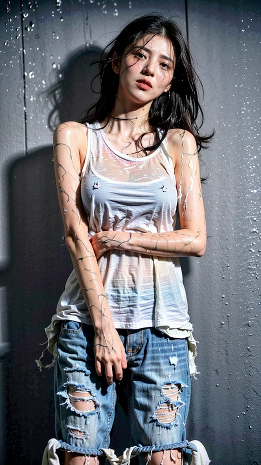 best picture quality, masterpiece, ultra high resolution, (fidelity :1.4), photo, 1 girl,[(sad)],White shirt, dim, dark, desperate, pitying, Pitiful, Normal,tears,tearsdrop,(torn clothes:1.5), (wet clothes:1.4), bare shoulders,True Rain,wet hair,..
