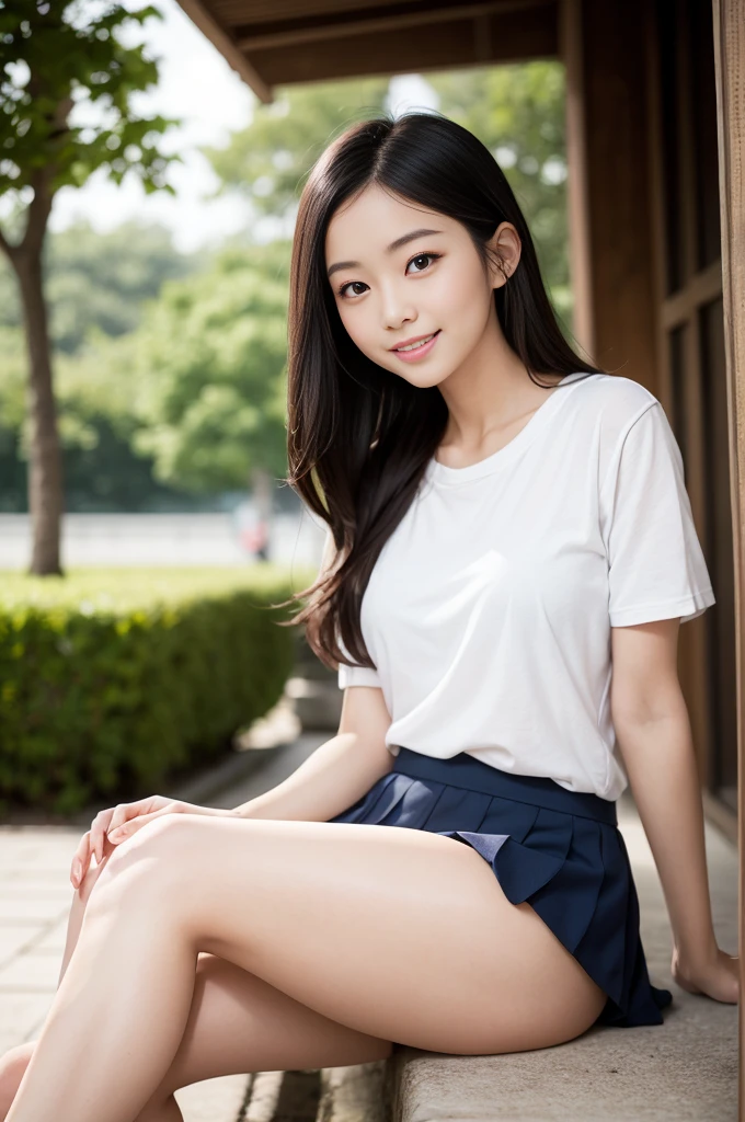 Pure Japanese school girl, natural body, beautiful legs, wearing loose casual uniforms, panty, natural hair styles, sweet smile, sitting relaxed mood, sweet temptation, sexual attractive, refreshing in early summer morning, professional portrait photography, 