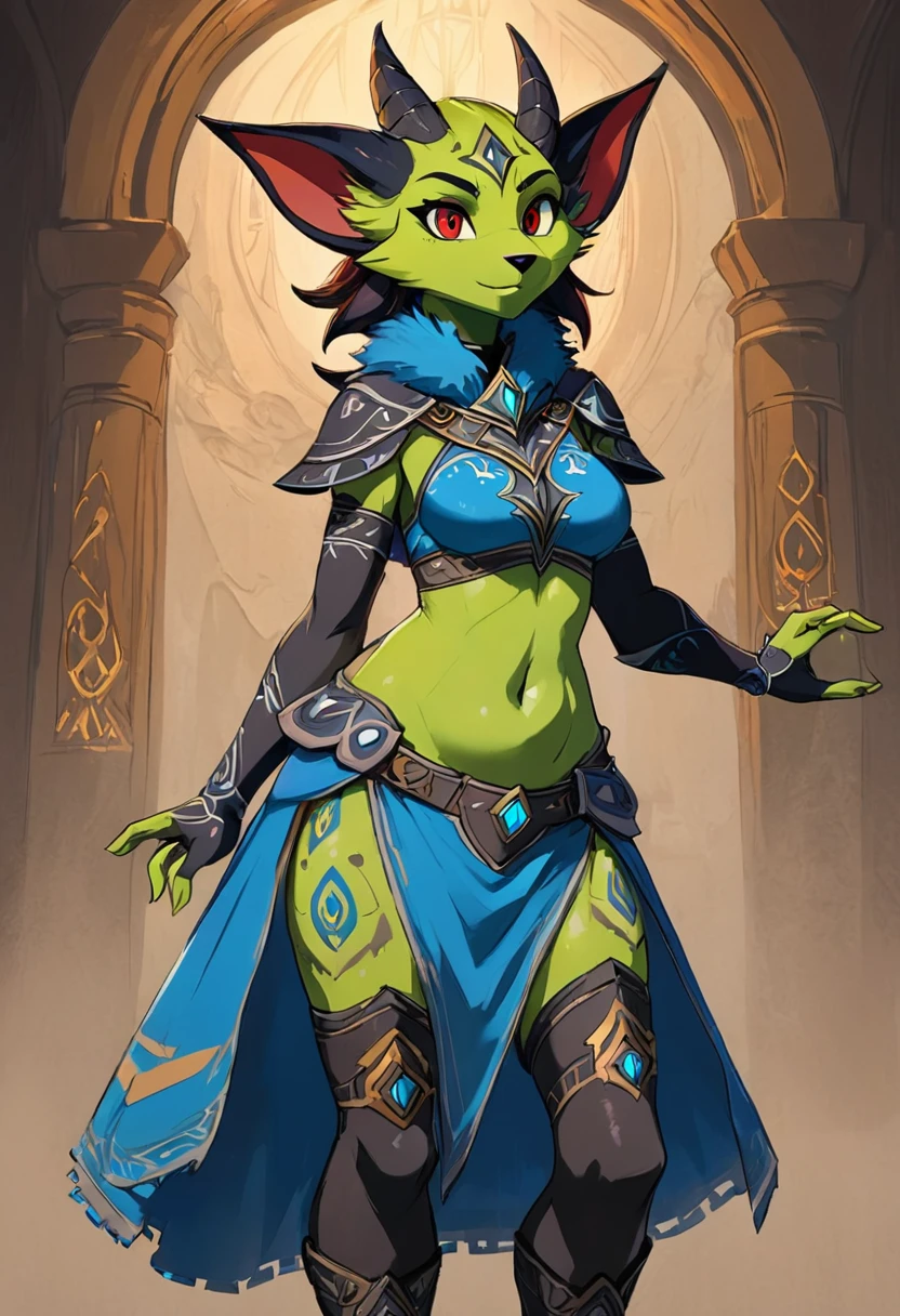 Create an illustrated, hand-drawn, full-color masterpiece with warm lighting and shadows. Incorporate graphite shading, stencil marks, and airbrushed acrylic paint in the style of "Breath of the Wild." The image should feature a beautiful goblin woman with a humanoid, furry appearance and large ears shaped like those of an elephant. She has red skin, bright eyes, luscious thick fleshy lips, and a wide smile. Depict her with a perfect, symmetrical face and a curvy hourglass figure with . Her face, neck, and arms are covered in intricate blue tattoos, adding a mythic beauty to her. She is wearing a long, flowing, lacey dress with a high neck and long billowing skirts. The background should be detailed and sharp, adding to the overall high-resolution, best quality, and detailed art piece. Olivia Munn