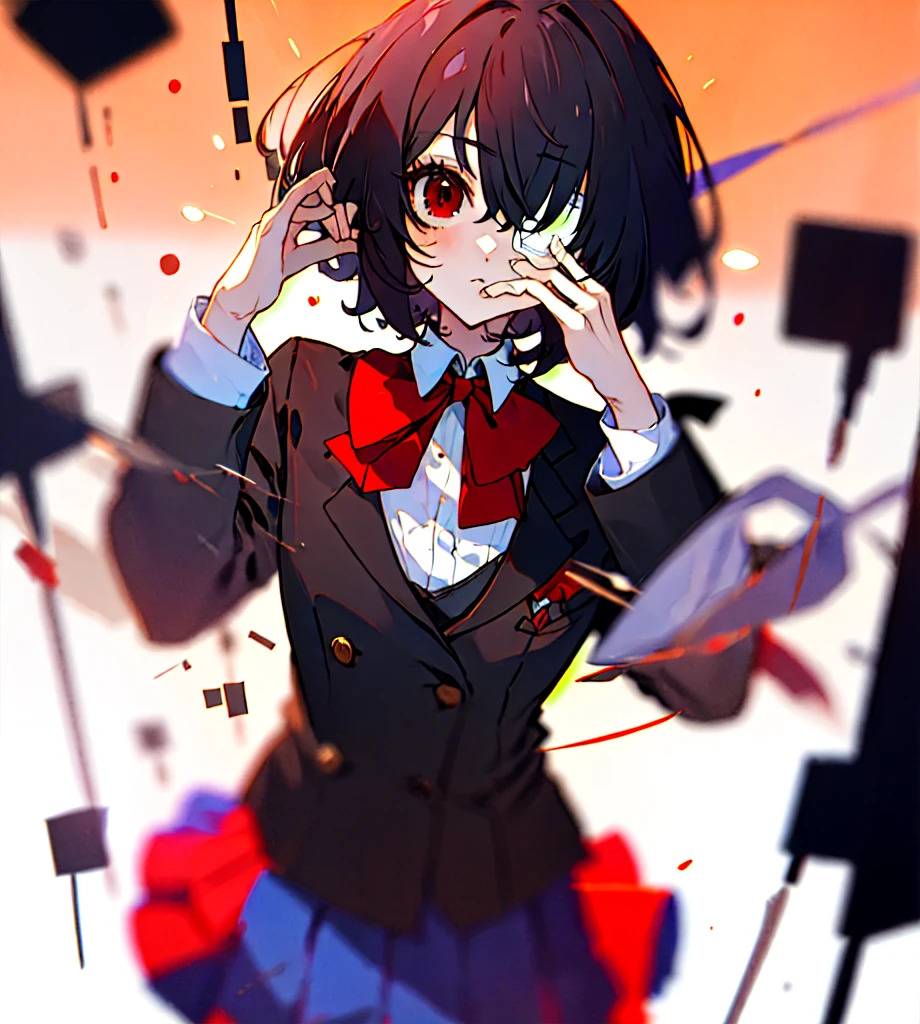 masterpiece, best quality, ultra-detailed, absurdres, colorful, 1girl, solo, detailed eyes, wide-eyed, eyelashes, looking at viewer, (upper body:0.7), misaki mei, medical eyepatch, standing, solid red eyes, blue skirt, black hair, jacket, long sleeves, expressionless, red bowtie, hair over one eye, horror, short hair, classroom, hand up, blurred background, particles, (ai-generated), 