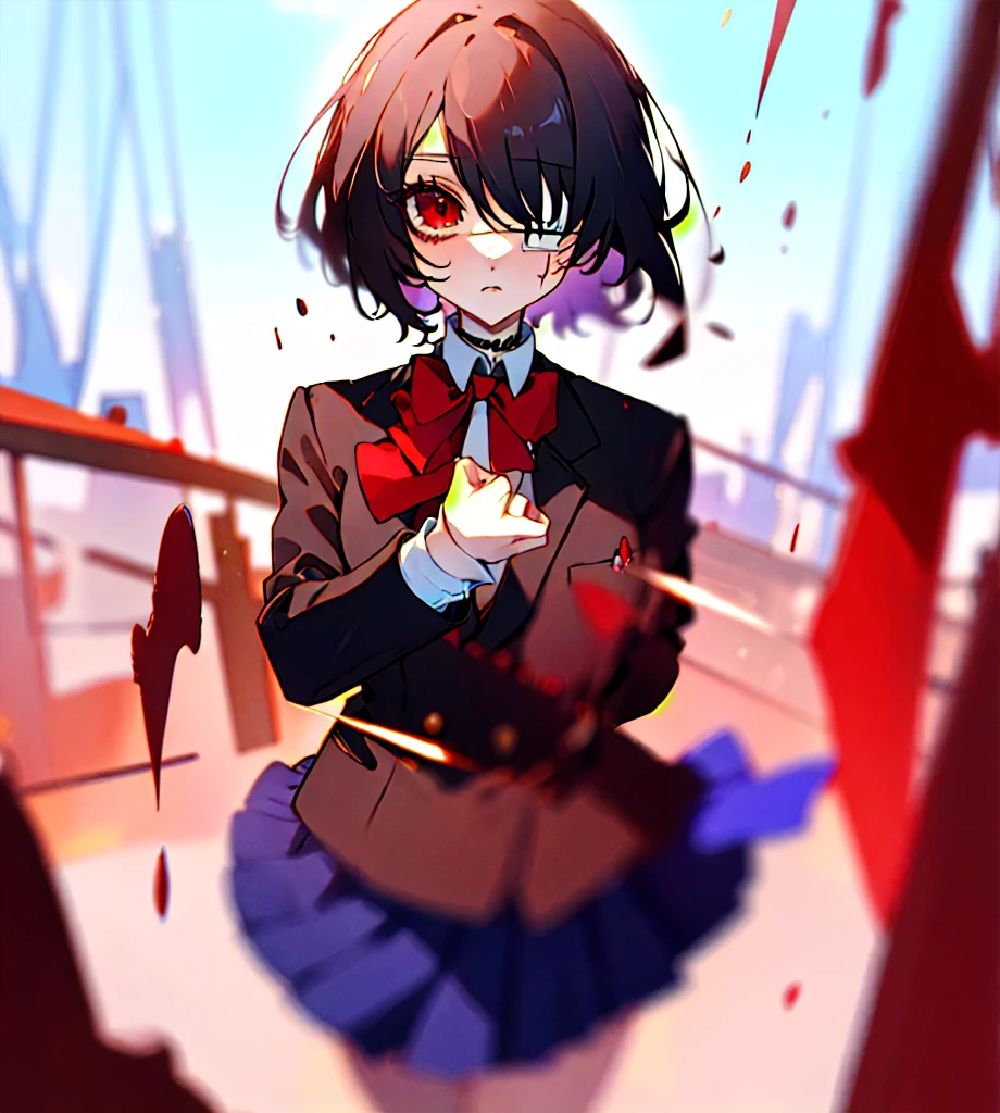 masterpiece, best quality, ultra-detailed, absurdres, colorful, 1girl, solo, detailed eyes, wide-eyed, eyelashes, looking at viewer, (upper body:0.7), misaki mei, medical eyepatch, standing, solid red eyes, blue skirt, black hair, jacket, long sleeves, expressionless, red bowtie, hair over one eye, horror, short hair, classroom, hand up, blurred background, particles, (ai-generated),