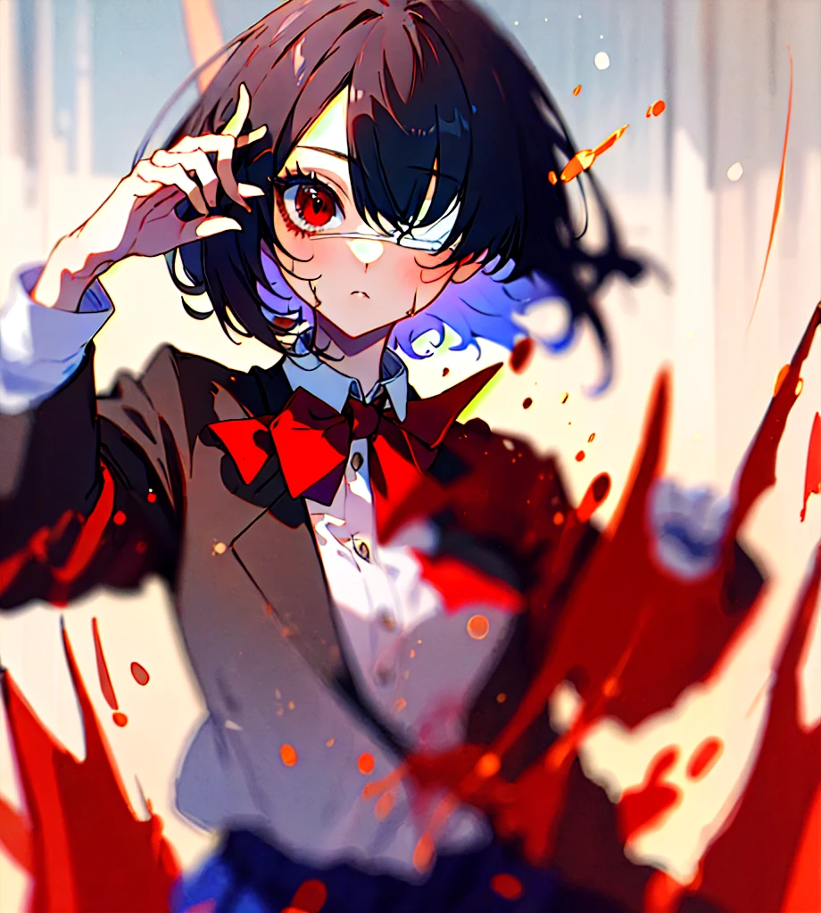 masterpiece, best quality, ultra-detailed, absurdres, colorful, 1girl, solo, detailed eyes, wide-eyed, eyelashes, looking at viewer, (upper body:0.7), misaki mei, medical eyepatch, standing, solid red eyes, blue skirt, black hair, jacket, long sleeves, expressionless, red bowtie, hair over one eye, horror, short hair, classroom, hand up, blurred background, particles, (ai-generated), 