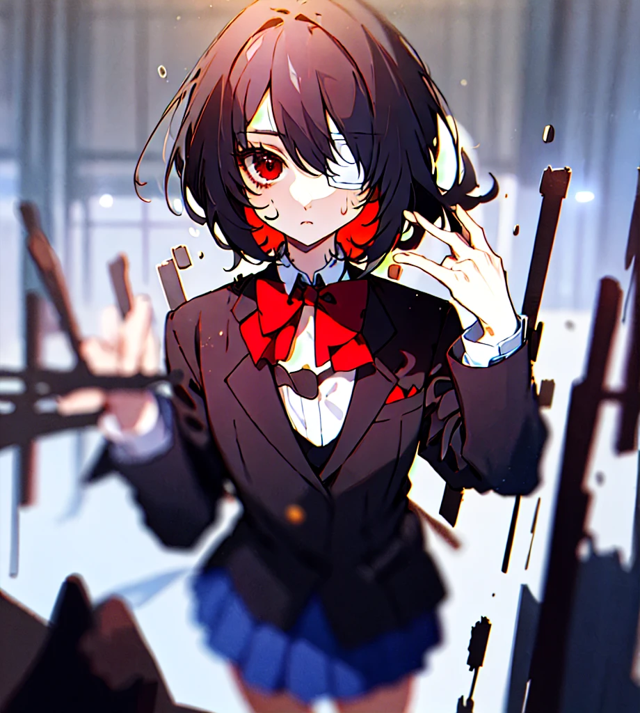 masterpiece, best quality, ultra-detailed, absurdres, colorful, 1girl, solo, detailed eyes, wide-eyed, eyelashes, looking at viewer, (upper body:0.7), misaki mei, medical eyepatch, standing, solid red eyes, blue skirt, black hair, jacket, long sleeves, expressionless, red bowtie, hair over one eye, horror, short hair, classroom, hand up, detailed background, particles, (ai-generated),