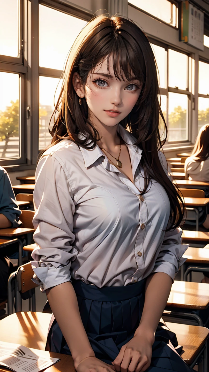 masterpiece, Highest quality, One girl, alone, Teen, high school student、Japanese, Brown Hair, Long Hair, Purple eyes, Side-parted bangs, Short bangs, smile, Medium chest, Classroom after school、Sunset shining through the window、Only one person、I'm sitting by the window、Looking out the window、Vision、Sailor suit、Unbuttoned to reveal her bra