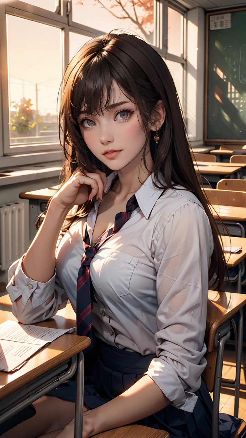 masterpiece, Highest quality, One girl, alone, , high school student、Japanese, Brown Hair, Long Hair, Purple eyes, Side-parted bangs, Short bangs, smile, Medium chest, Classroom after school、Sunset shining through the window、Only one person、I'm sitting by the window、Looking out the window、Vision、Sailor suit、Unbuttoned to reveal her bra