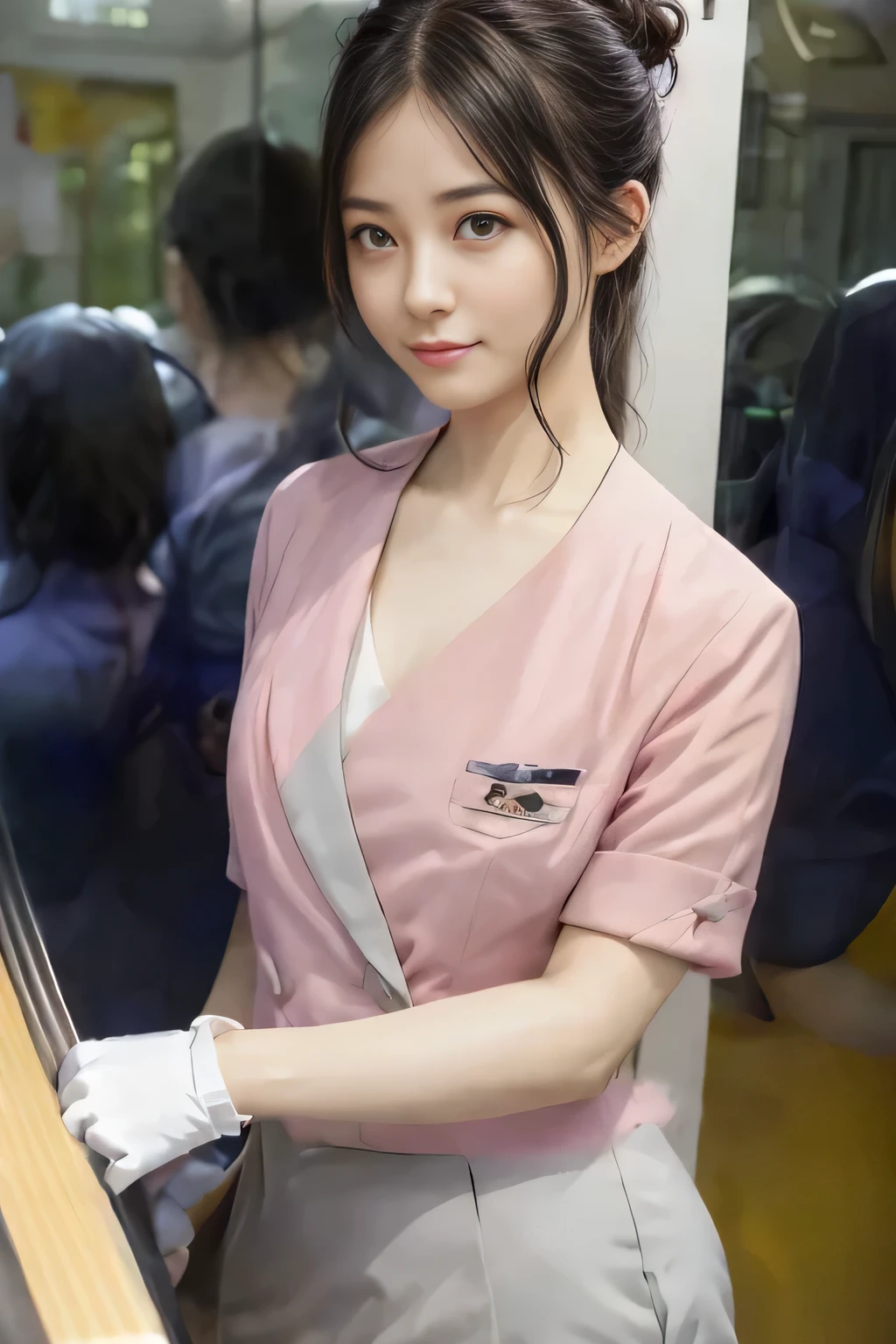 (masterpiece:1.2, Highest quality:1.2), 32k HDR, High resolution, (alone、1 girl)、 (Height: 160cm)、(On the rooftop of a building in the daytime、Professional Lighting)、Building rooftop background、(Nankai train crew uniform pinkを着たリアルスタイル)、(Nankai train crew uniform pink short sleeve collarless pink jacket、Nankai Train Crew Uniform Pink Collarless Short Sleeve Blouse、Nankai Train Crew Uniform Pink Grey Knee-length Culottes)、(The pink jacket is showing from the culottes.)、Dark brown hair、(Hair tied up、Hair tied up、Evening curly hairstyle)、Dark brown hair、Long Shot、Big Breasts、Thin legs、((Great hands:2.0)),((Harmonious body proportions:1.5)),((Normal limbs:2.0)),((Normal finger:2.0)),((Delicate eyes:2.0)),((Normal eyes:2.0)))、smile、(Nankai Train Crew Uniform Pink Grey Knee-length Culottesを見せた美しい歩く姿)、Place your hands around your stomach