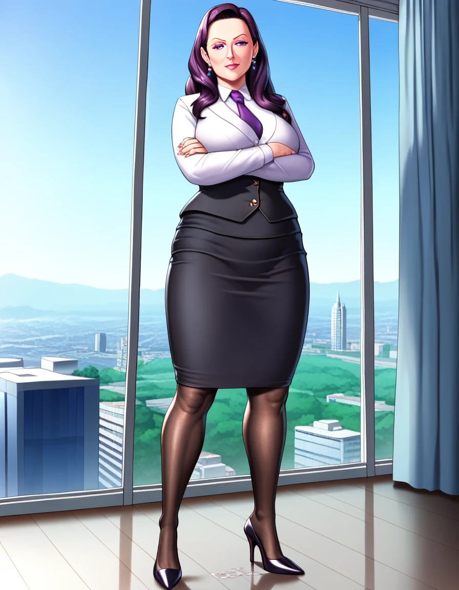 (masterpiece:1.37), best quality, (extremely detailed:1.37), office, window overlooking a bustling cityscape, woman, (mature:1.75), (very long hair:1.25), dark purple hair, purple eyes, (extremely detailed eyes:1.37) shining eyes, breasts, business suit, necktie, (very long pencil skirt:1.5), pantyhose, (wetting herself:1.5), standing, (arms crossed:1.5), (desperation:1.75), dignified, stoic expression, full body, high heels, day, daytime, glow, looking at viewer, perfect composition, Perfect light and shadow, 8K