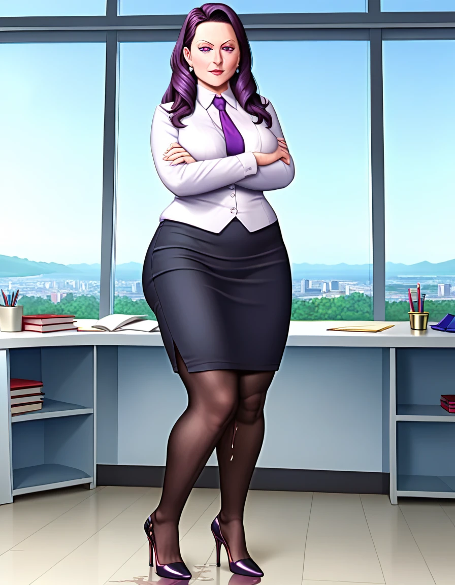 (masterpiece:1.37), best quality, (extremely detailed:1.37), office, window overlooking a bustling cityscape, woman, (mature:1.75), (very long hair:1.25), dark purple hair, purple eyes, (extremely detailed eyes:1.37) shining eyes, breasts, business suit, necktie, (very long pencil skirt:1.5), pantyhose, (wetting herself:1.5), standing, (arms crossed:1.5), (desperation:1.75), dignified, stoic expression, full body, high heels, day, daytime, glow, looking at viewer, perfect composition, Perfect light and shadow, 8K