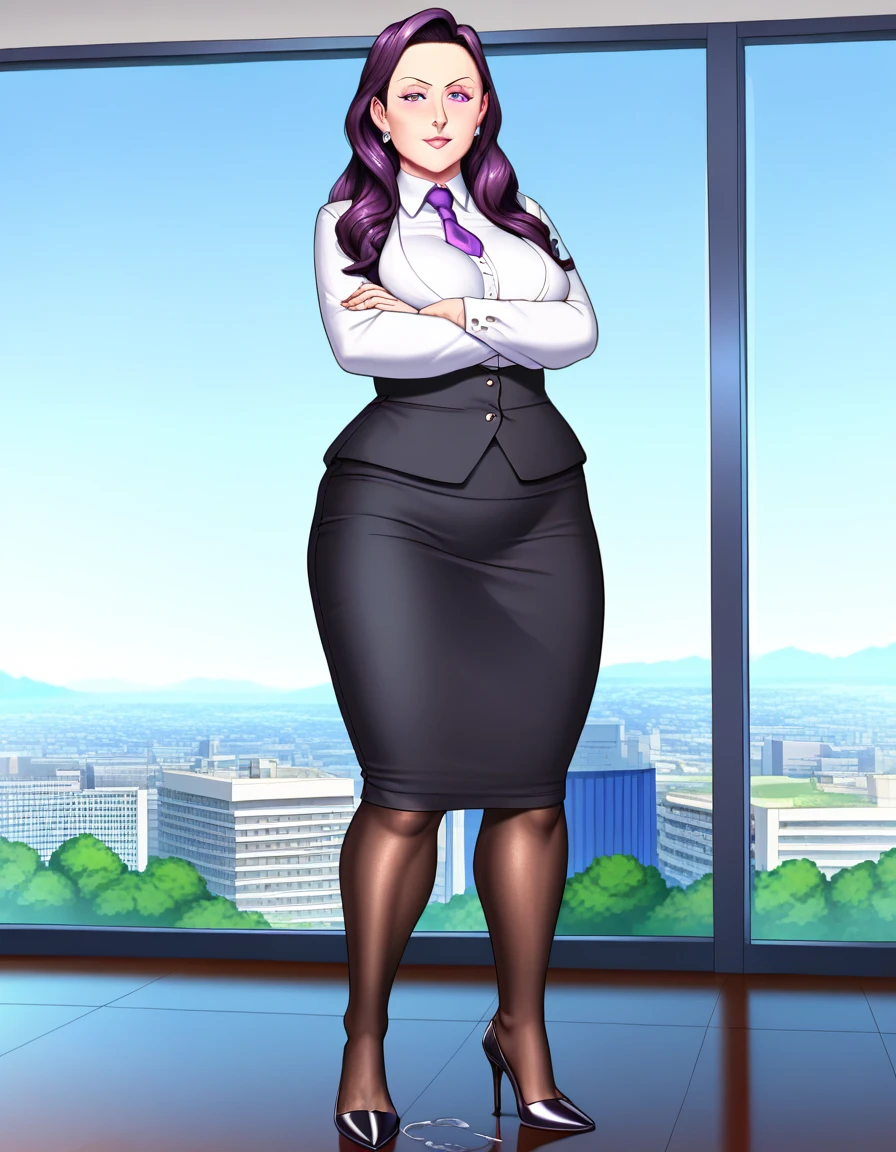 (masterpiece:1.37), best quality, (extremely detailed:1.37), office, window overlooking a bustling cityscape, woman, (mature:1.75), (very long hair:1.25), dark purple hair, purple eyes, (extremely detailed eyes:1.37) shining eyes, breasts, business suit, necktie, (very long pencil skirt:1.5), pantyhose, (wetting herself:1.5), standing, (arms crossed:1.5), (desperation:1.75), dignified, stoic expression, full body, high heels, day, daytime, glow, looking at viewer, perfect composition, Perfect light and shadow, 8K