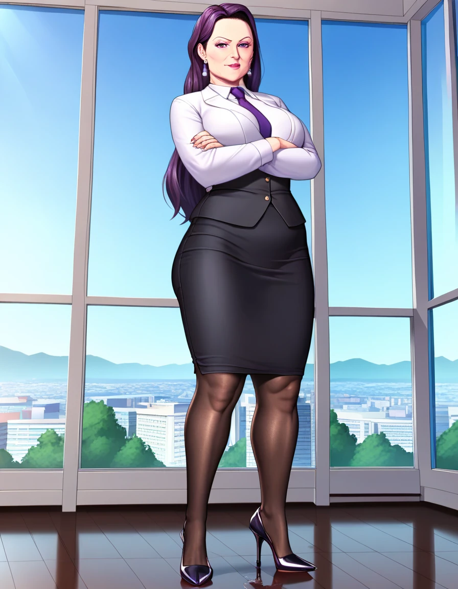 (masterpiece:1.37), best quality, (extremely detailed:1.37), office, window overlooking a bustling cityscape, woman, (mature:1.75), (very long hair:1.25), dark purple hair, purple eyes, (extremely detailed eyes:1.37) shining eyes, breasts, business suit, necktie, (very long pencil skirt:1.5), pantyhose, (wetting herself:1.5), standing, (arms crossed:1.5), (desperation:1.75), dignified, stoic expression, full body, high heels, day, daytime, glow, looking at viewer, perfect composition, Perfect light and shadow, 8K