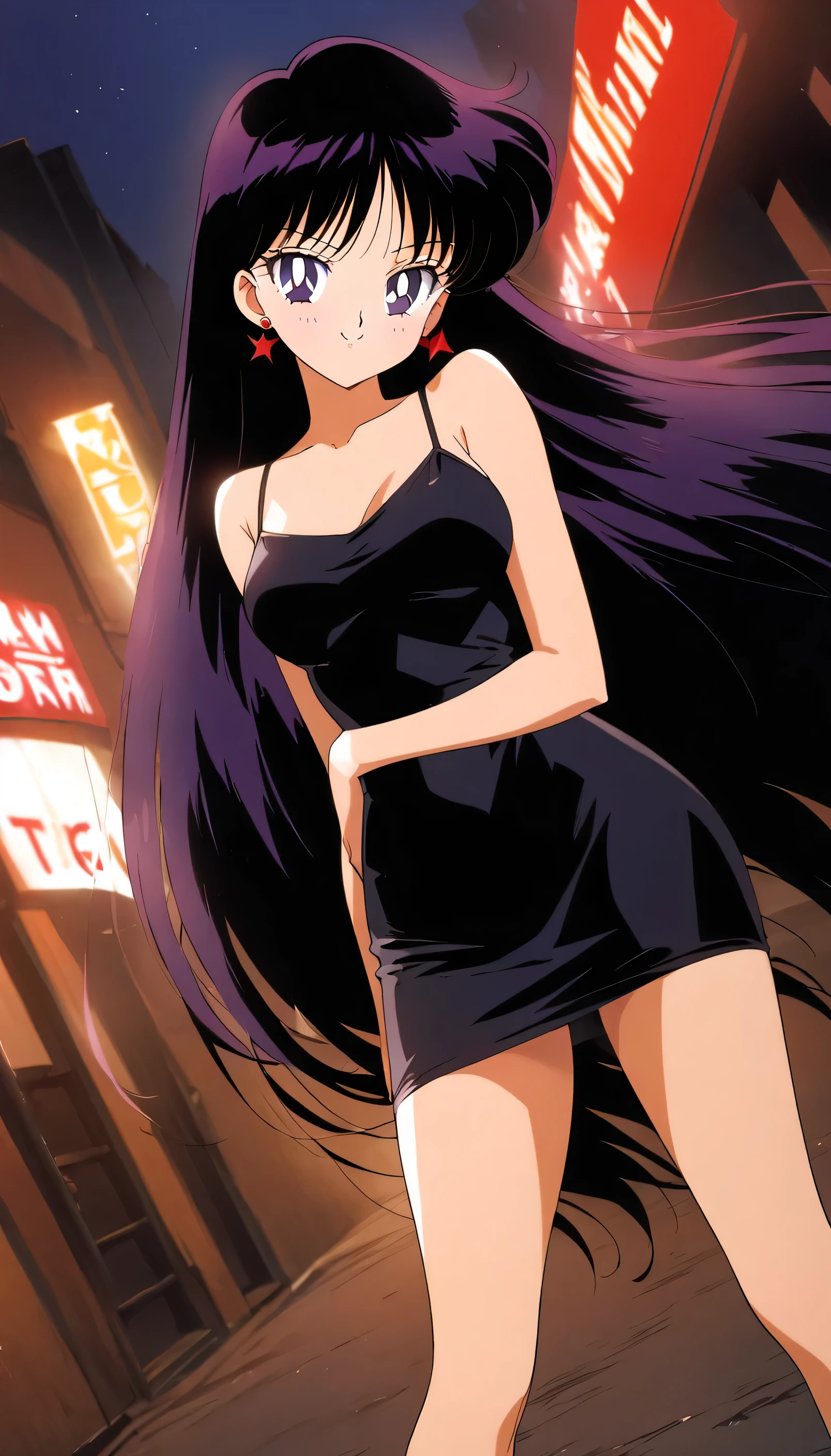 aamars, very long hair, black hair, parted bangs, purple eyes, 1990s \(style\), 1 girl, solo, Best quality, masterpiece, High Definition, taut dress, spaghetti strap, black dress, sleeveless, night, street, standing, red high heels, sexy posing, cowboy shot, medium breast, smile, full body, dutch angle