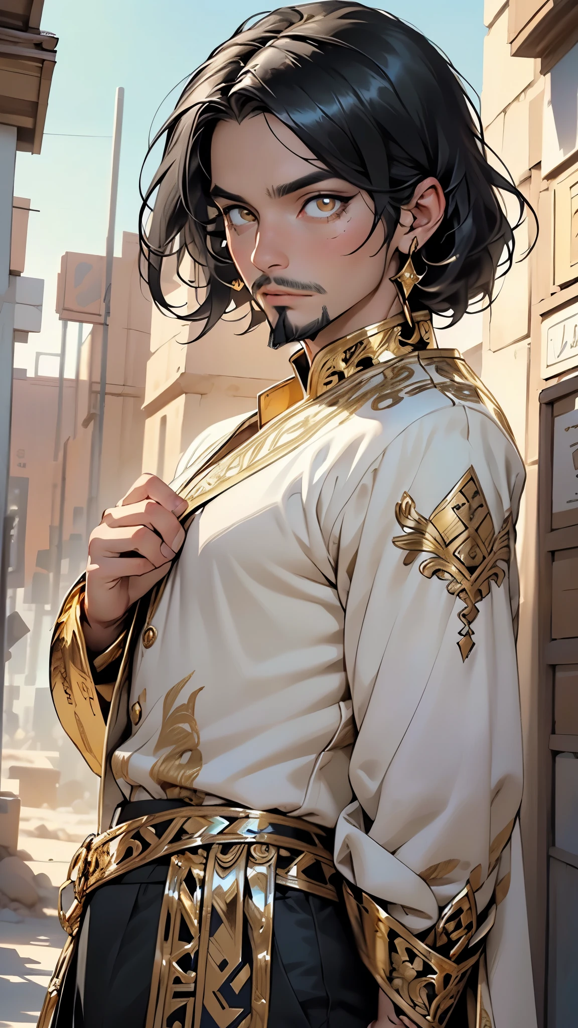 (man:1.5),1 man,male, muscle, 1boy, muscle, pectoral, muscular, Mature man,45 year,1 man,macho man,an extremely detailed face,((black hair,intricate cut hair,black hair)),(((black very short beard, black very short beard))), (((gold_eyes:1.3))),intricate eyes,beautiful detailed eyes,symmetrical eyes,perfect face, nice hair style,(perfect hands, five fingers), thicc, ((detailed face)),macho man,
(male arab prince),prince,
(((lustrous skin:1.5,tanned skin,bright skin: 1.5,skin tanned,shiny skin,very shiny skin,shiny body))),powerful,heroic,nsfw,
(((arabic armor torso))),black cape around shoulders,black tunic,gold buttons,swedish renaissance dress,with axe,scars,gold necklace,earrings,heavy ornate armor,arabic pants,((bulge in pants)),turban, arabic clothes, long robes, white robes, bracers,(((intricate outfit,embroidered outfit,ornate outfit,intricate clothes,embroidered clothes,ornate clothes))),
dynamic pose,looking at viewer,smug,(masculine attitude),centered,scale to fit dimensions,Rule of thirds,
outdoors,(dune desert,dune desert background,pyramids in the background),scenery,extremely scenery,clouds,Egypt style,(sunset, golden hour),
(Glossy Egyptian ornaments),highres,sharp focus,(ultra detailed,extremely detailed),(photorealistic artwork:1.37),(extremely detailed CG unity 8k wallpaper),(((vibrant colors,vibrant theme))),(intricate),(masterpiece),(best quality),artistic photography,(photography taken by sldr),(intricate background),perfect rendered face,perfect face details,realistic face,photo realistic,((intricate detail)),(((realism))),