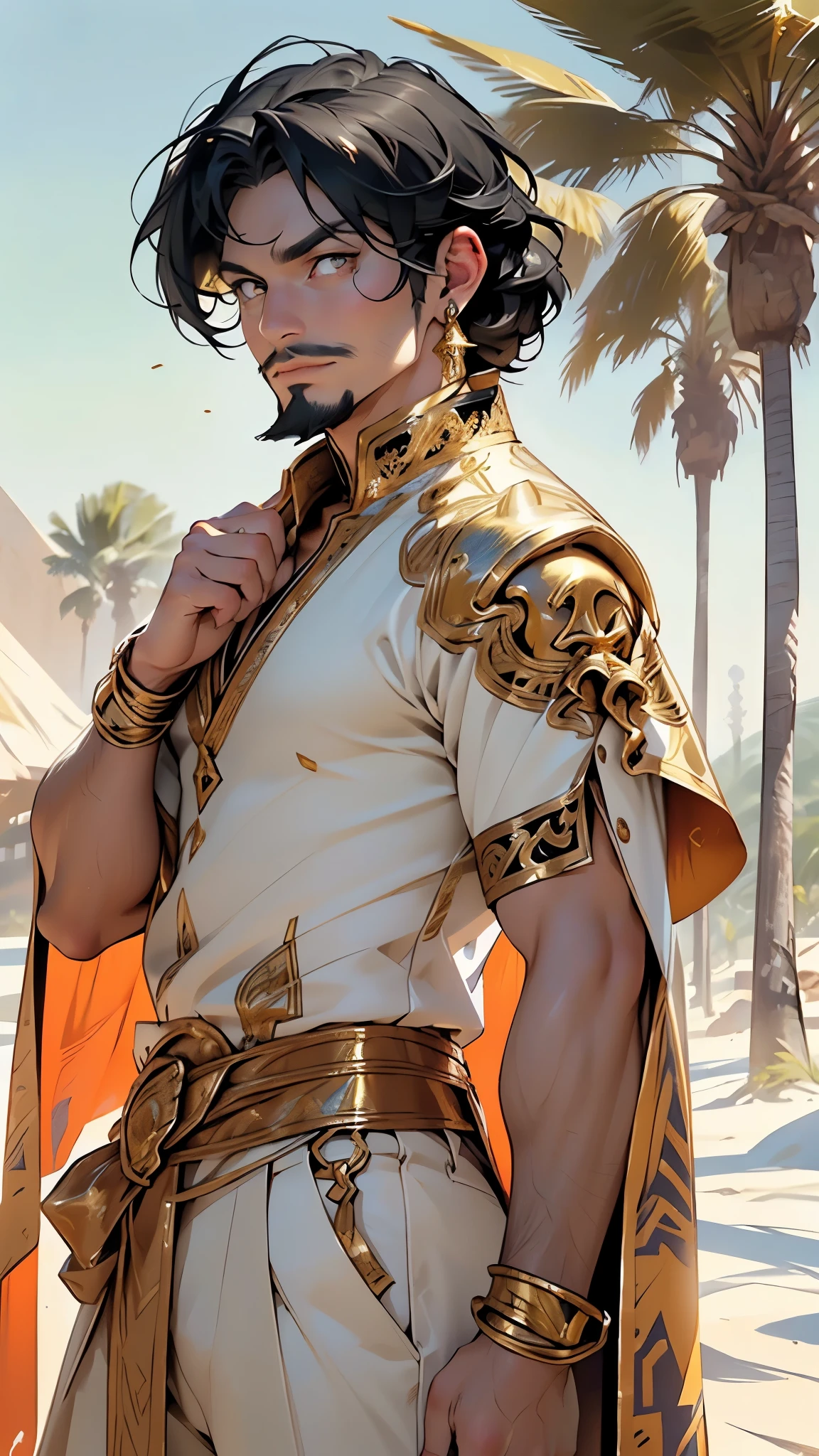 (man:1.5),1 man,male, muscle, 1boy, muscle, pectoral,  muscular, Mature man,45 year,1 man,macho man,an extremely detailed face,((black hair,intricate cut hair,black hair)),(((black very short beard, black very short beard))), (((gold_eyes:1.3))),intricate eyes,beautiful detailed eyes,symmetrical eyes,perfect face, nice hair style,(perfect hands, five fingers),  thicc, ((detailed face)),macho man,

(male arab prince),prince,

(((lustrous skin:1.5,tanned skin,bright skin: 1.5,skin tanned,shiny skin,very shiny skin,shiny body))),powerful,heroic,nsfw,

(((arabic armor torso))),black cape around shoulders,black tunic,gold buttons,swedish renaissance dress,with axe,scars,gold necklace,earrings,heavy ornate armor,arabic pants,((bulge in pants)),turban, arabic clothes, long robes, white robes, bracers,(((intricate outfit,embroidered outfit,ornate outfit,intricate clothes,embroidered clothes,ornate clothes))),

dynamic pose,looking at viewer,smug,(masculine attitude),centered,scale to fit dimensions,Rule of thirds,

outdoors,(dune desert,dune desert background,pyramids in the background),scenery,extremely scenery,clouds,Egypt style,(sunset, golden hour),

(Glossy Egyptian ornaments),highres,sharp focus,(ultra detailed,extremely detailed),(photorealistic artwork:1.37),(extremely detailed CG unity 8k wallpaper),(((vibrant colors,vibrant theme))),(intricate),(masterpiece),(best quality),artistic photography,(photography taken by sldr),(intricate background),perfect rendered face,perfect face details,realistic face,photo realistic,((intricate detail)),(((realism))),
